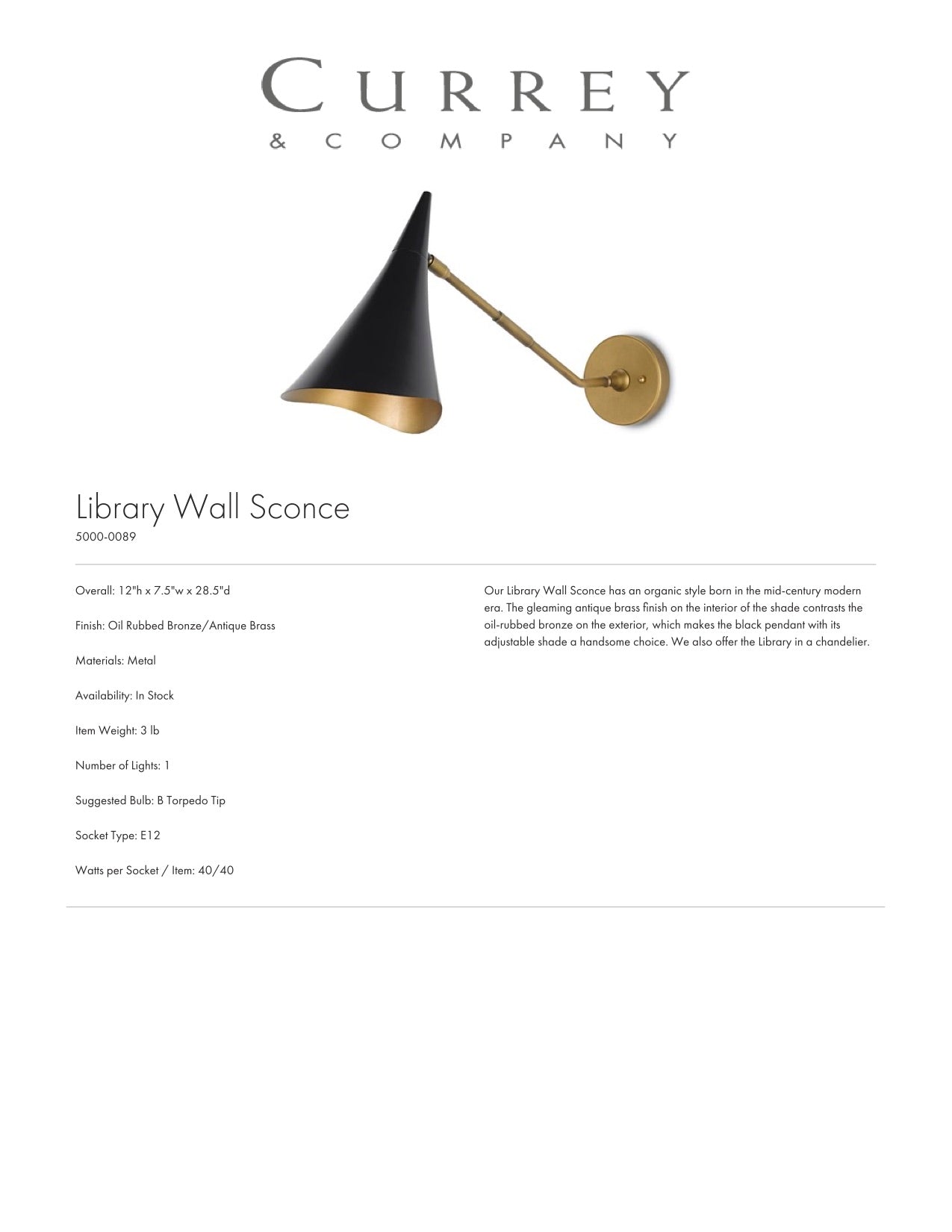 Currey & Company Library Wall Sconce Tearsheet