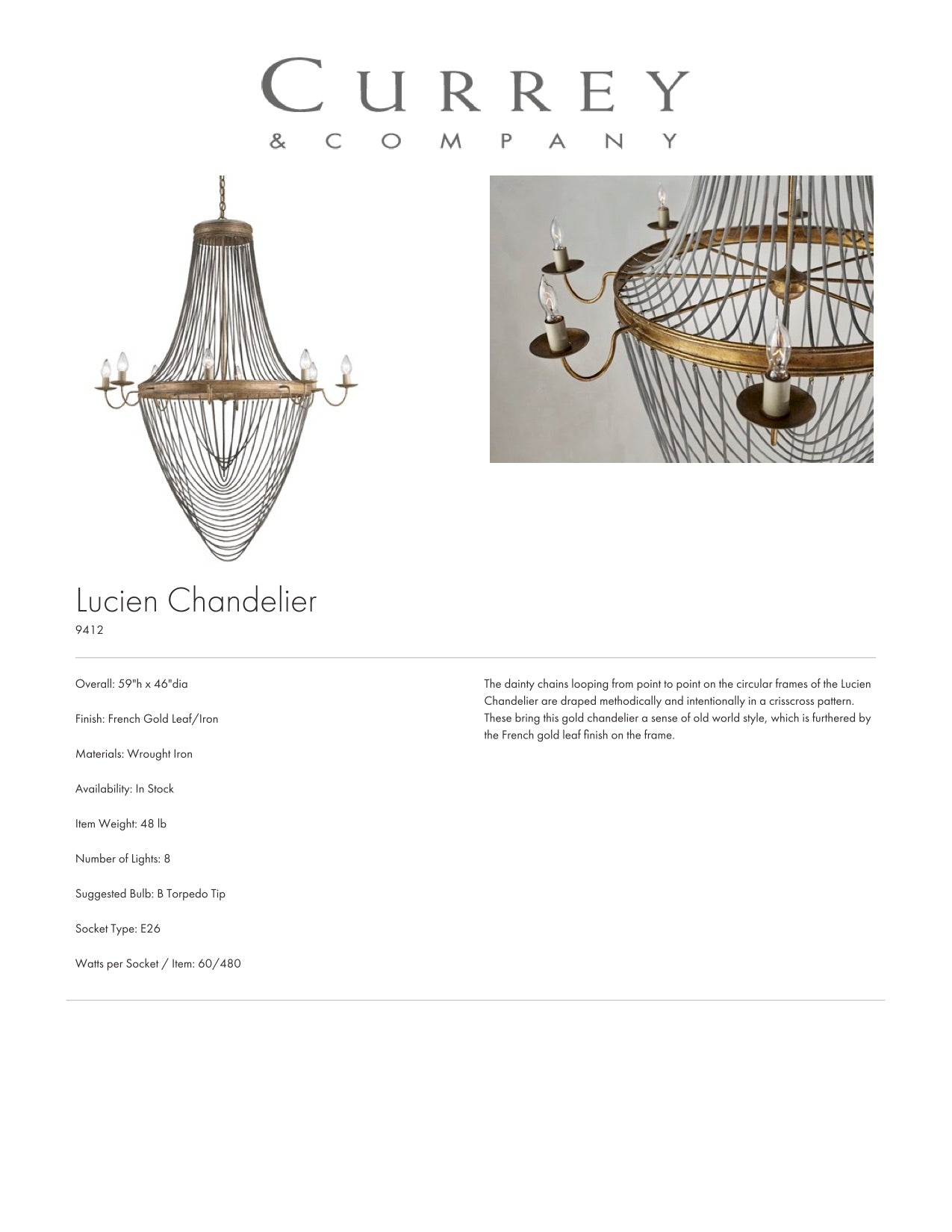 Currey & Company Lucien Chandelier Tearsheet