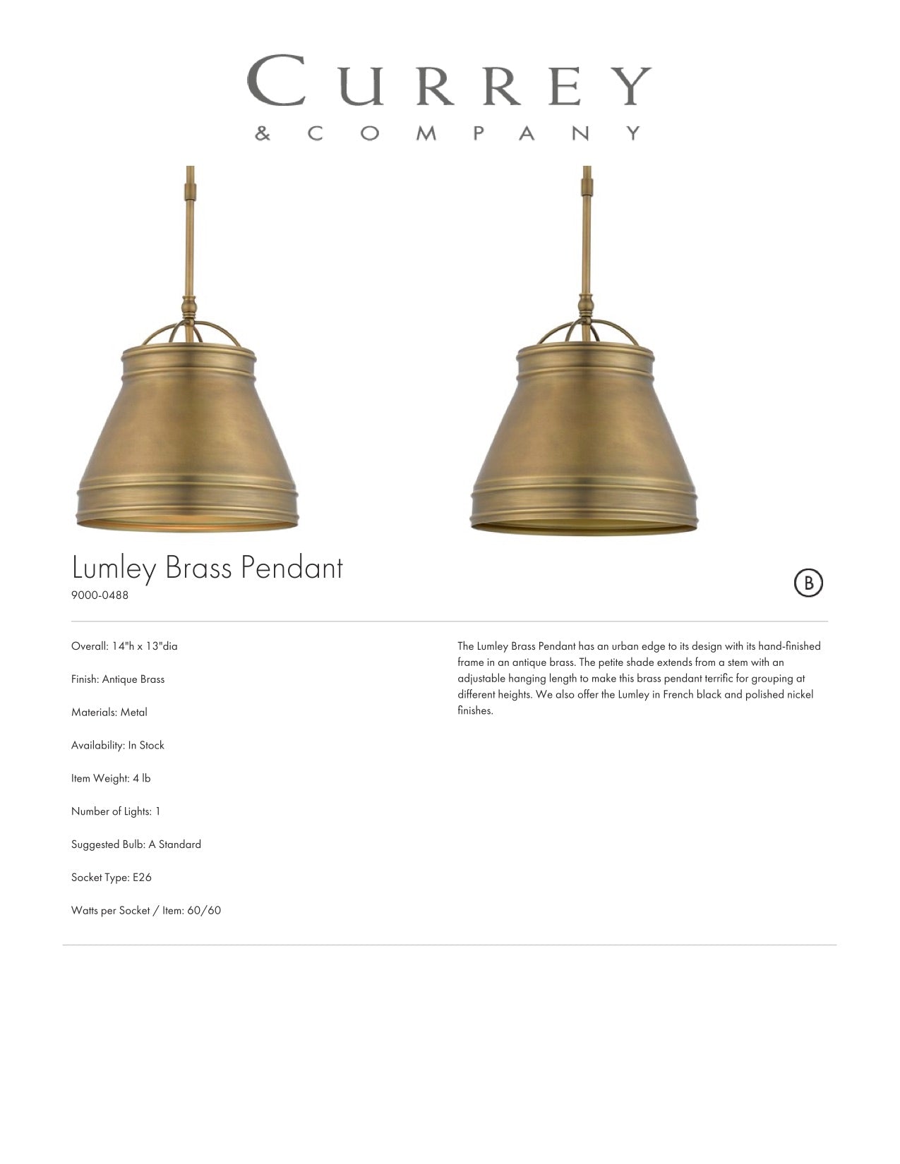 Currey & Company Lumley Brass Pendant Tearsheet