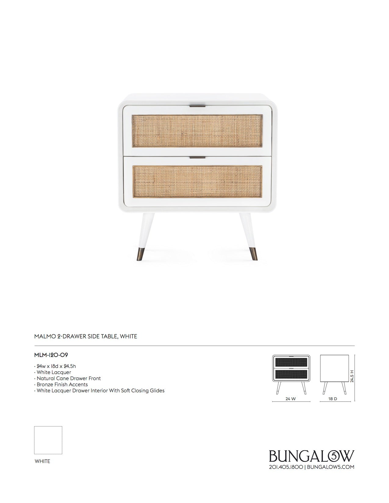 Bungalow 5 Malmo Two Drawer Side Table White Tearsheet