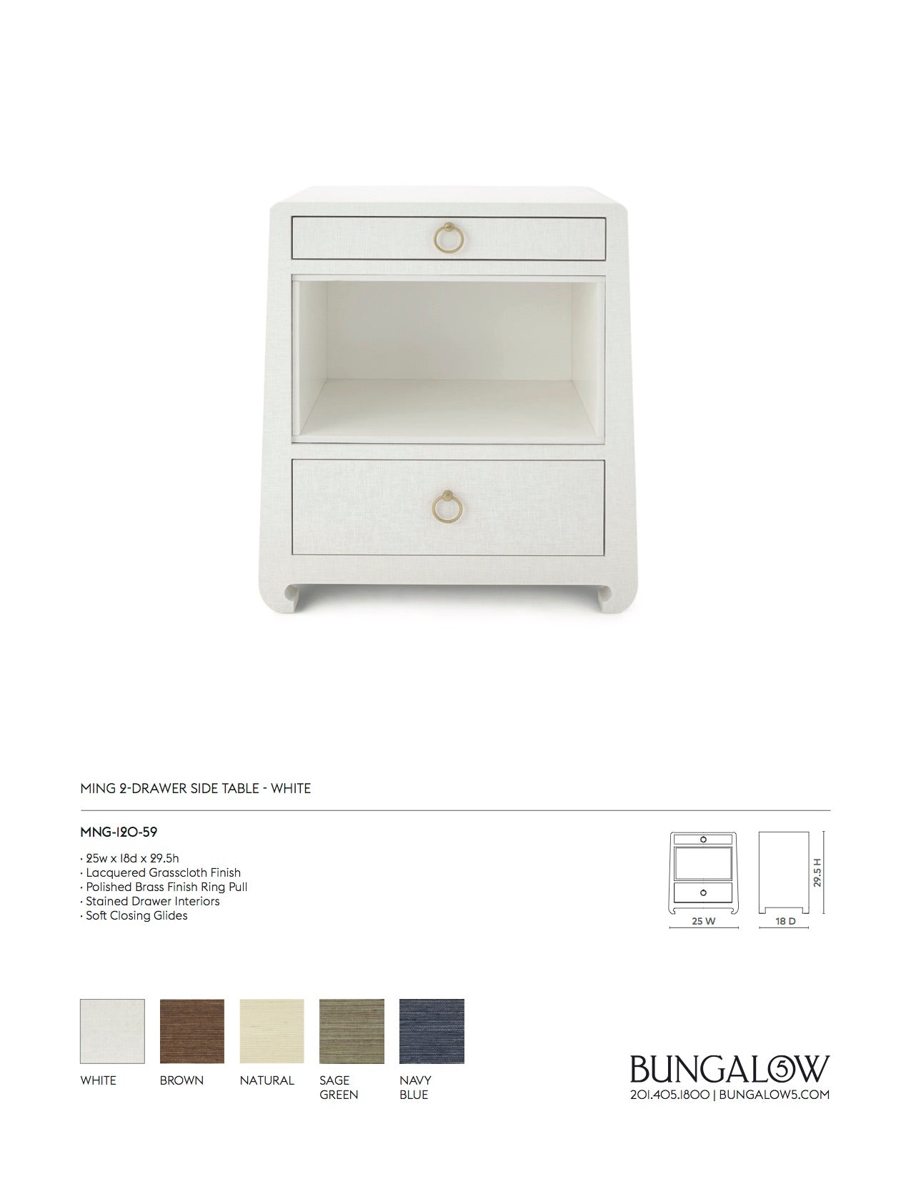 Ming 2 Drawer Side Table Chiffon White Lacquered Grasscloth