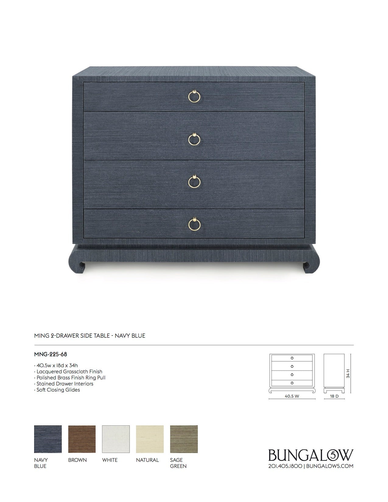 Bungalow 5 Ming Large 4 Drawer Chest Navy Blue Tearsheet