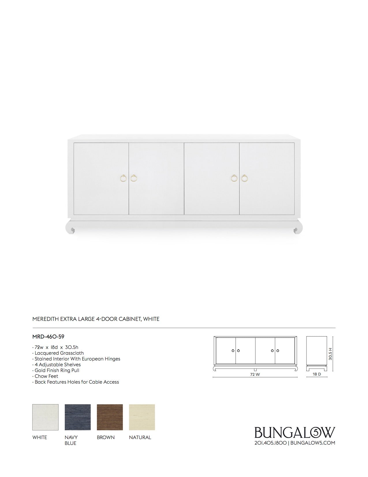 Bungalow 5 Meredith Extra Large 4 Door Cabinet White Tearsheet
