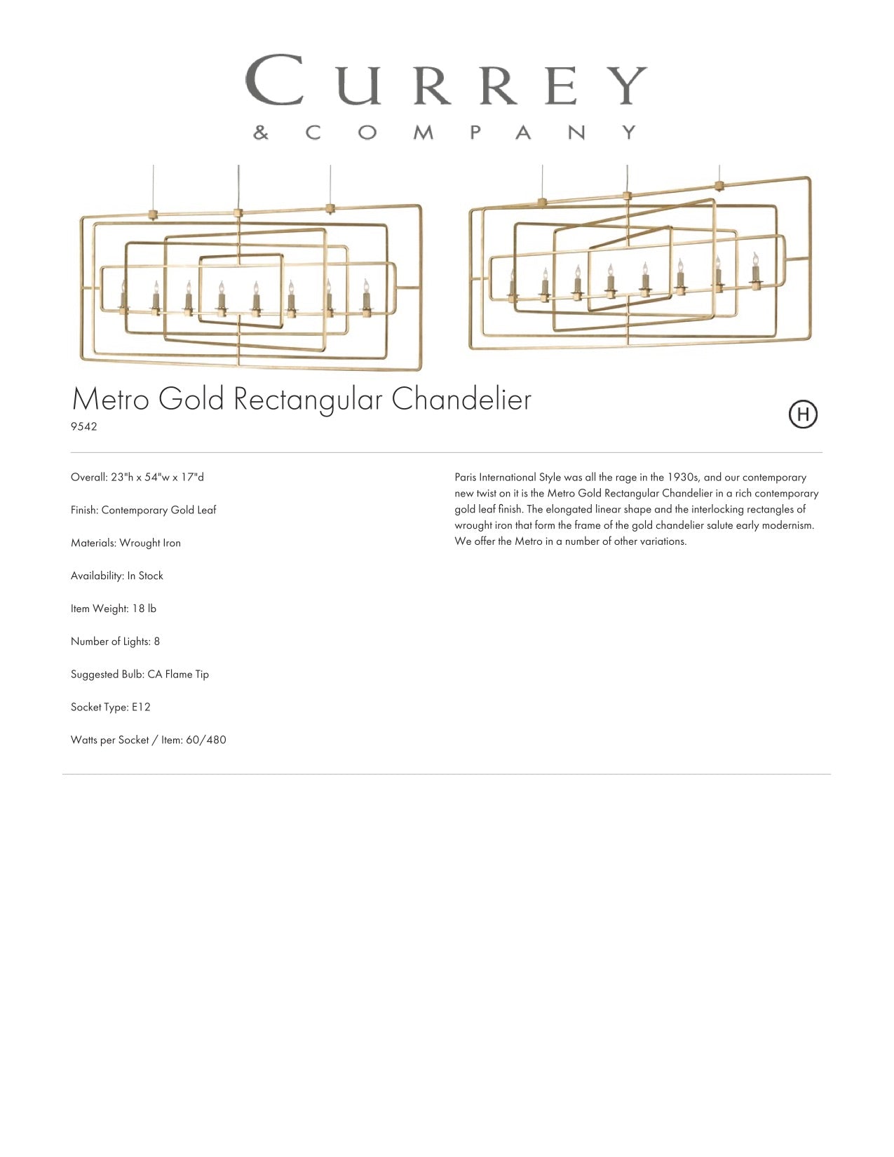 Currey & Company Metro Gold Rectangular Chandelier Tearsheet