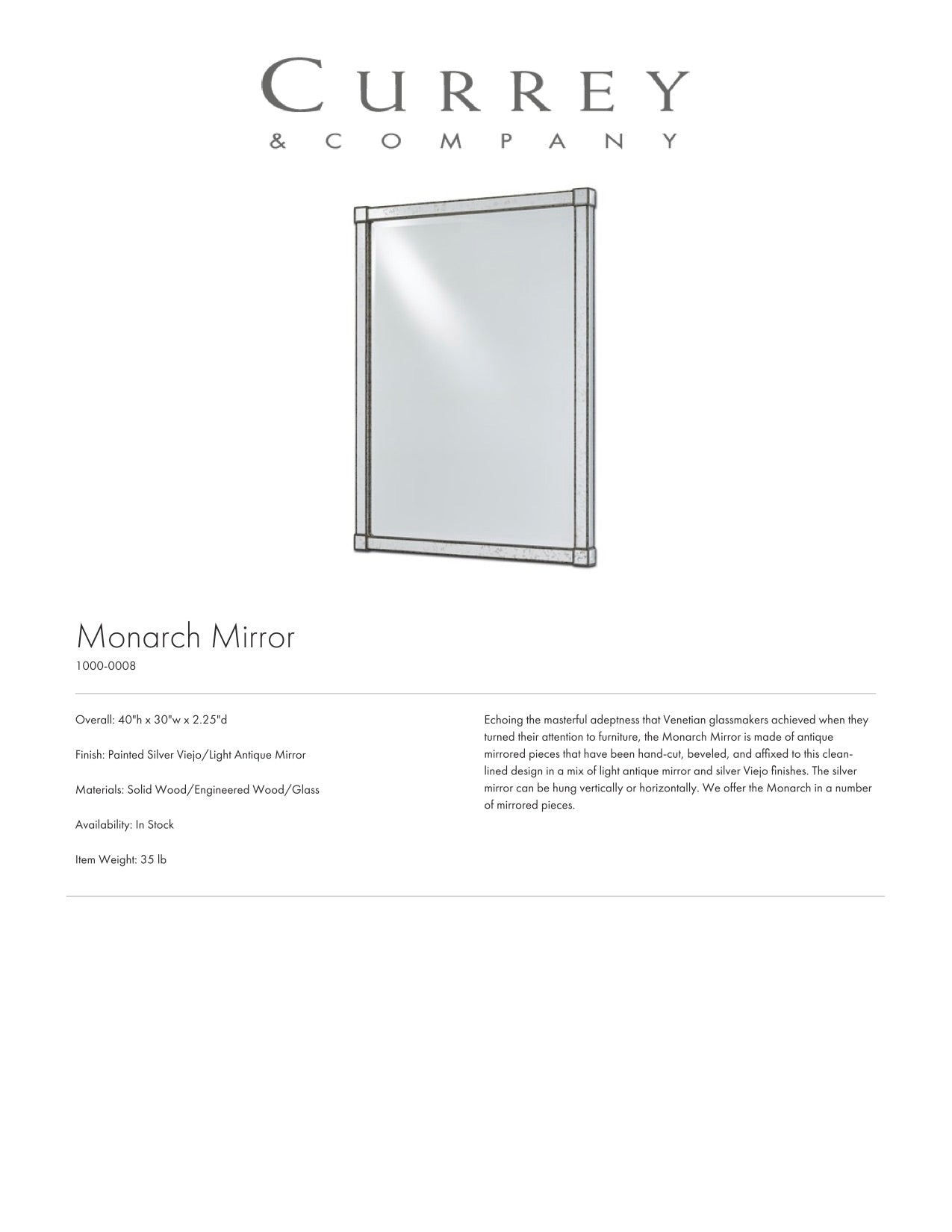 Currey & Company Monarch Wall Mirror Rectangular Tearsheet