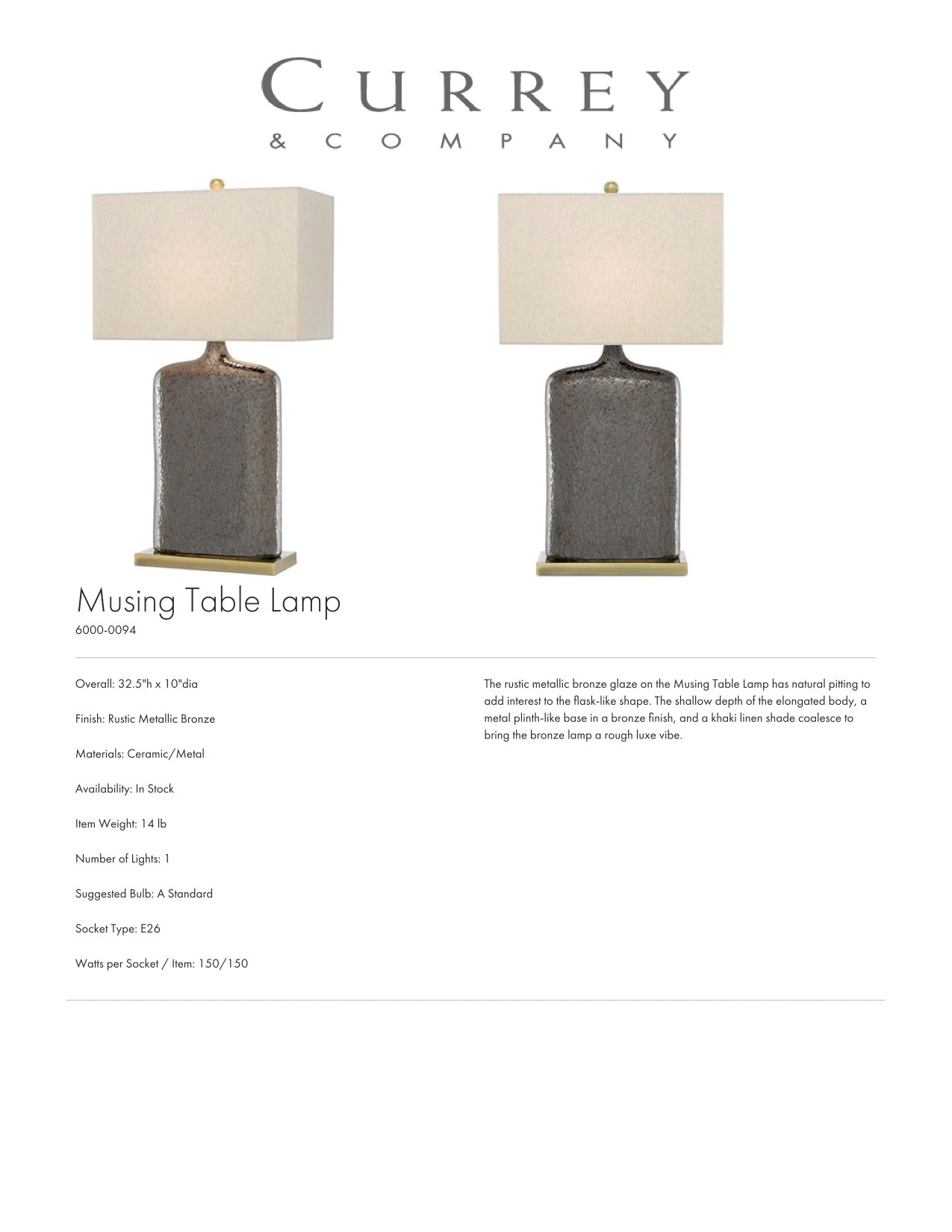 Currey & Company Musing Table Lamp Tearsheet