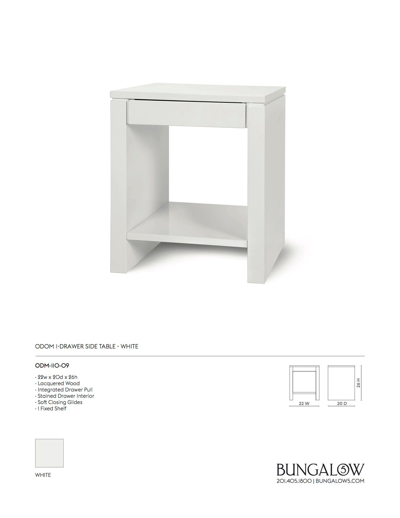 Bungalow 5 Odom 1 Drawer Side Table White Tearsheet