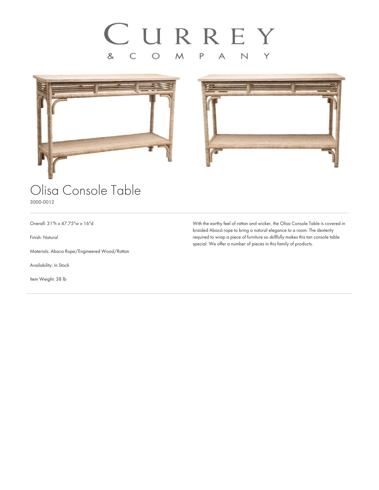 Currey & Company Olisa Console Table Tearsheet