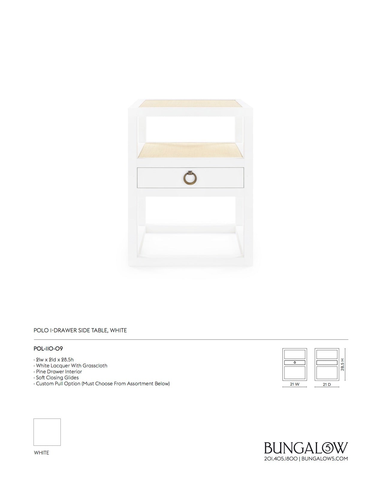 Bungalow 5 Polo 1 Drawer Side Table Grasscloth and White Lacquer Tearsheet
