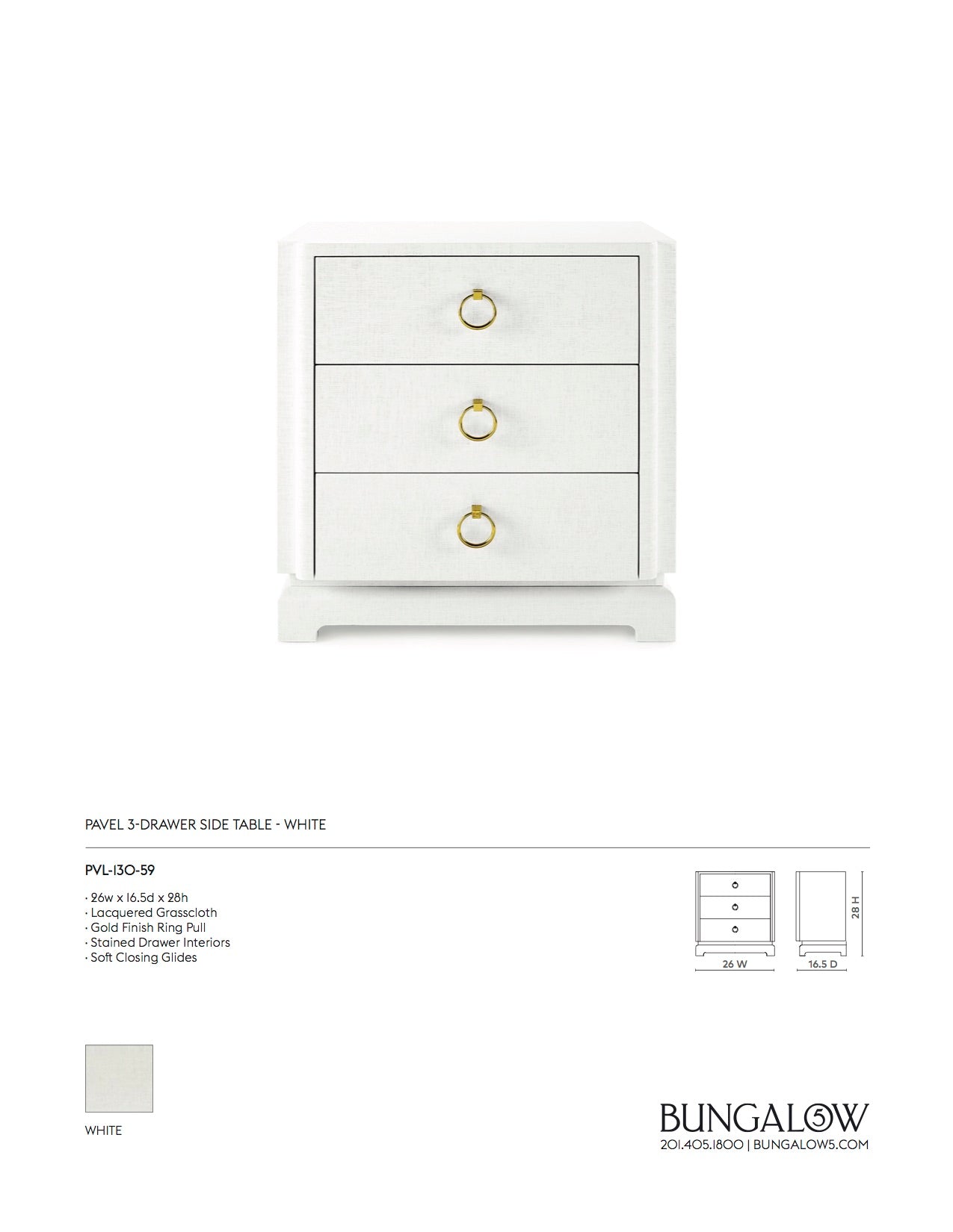Bungalow 5 Pavel 3 Drawer Side Table White Tearsheet