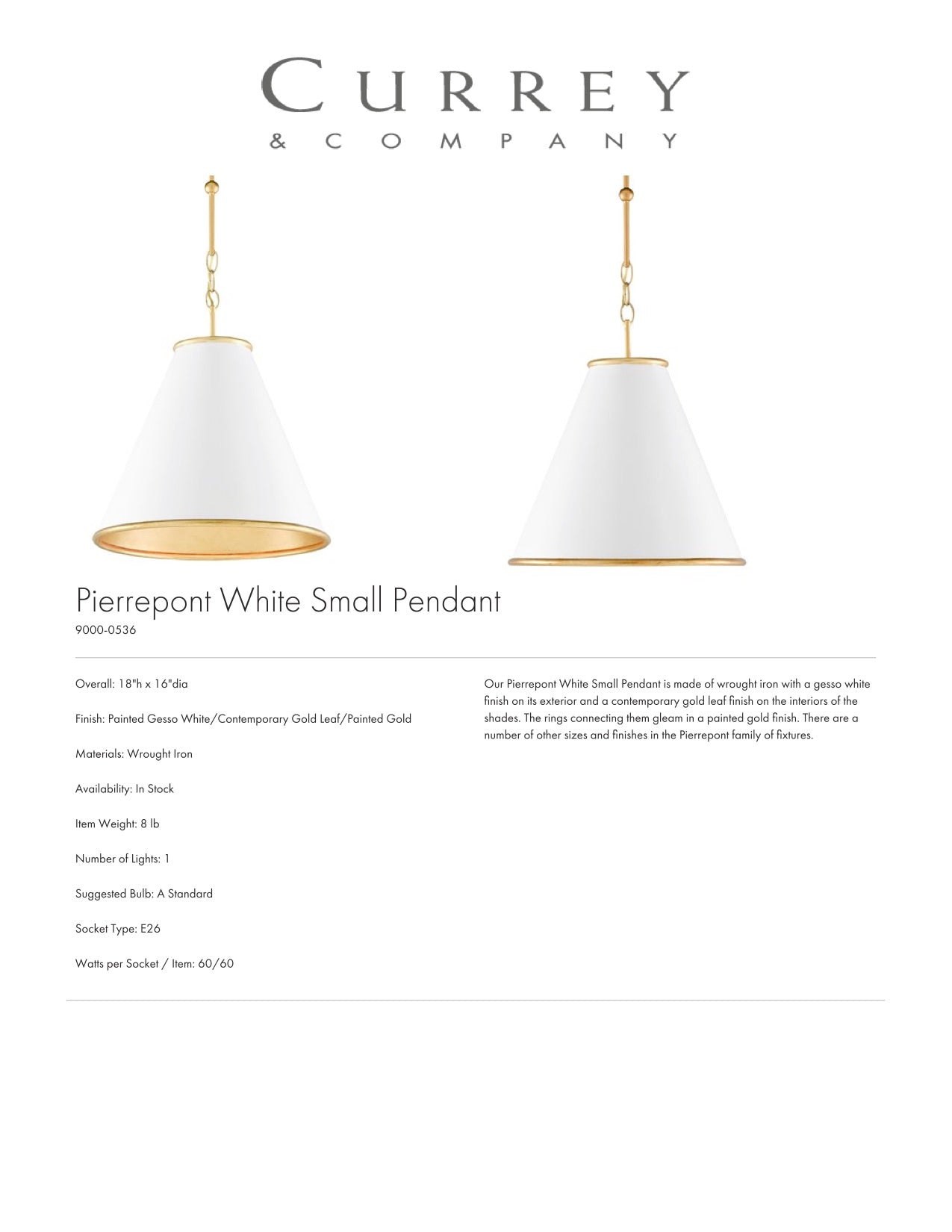 Currey & Company Pierrepont White Small Pendant Tearsheet