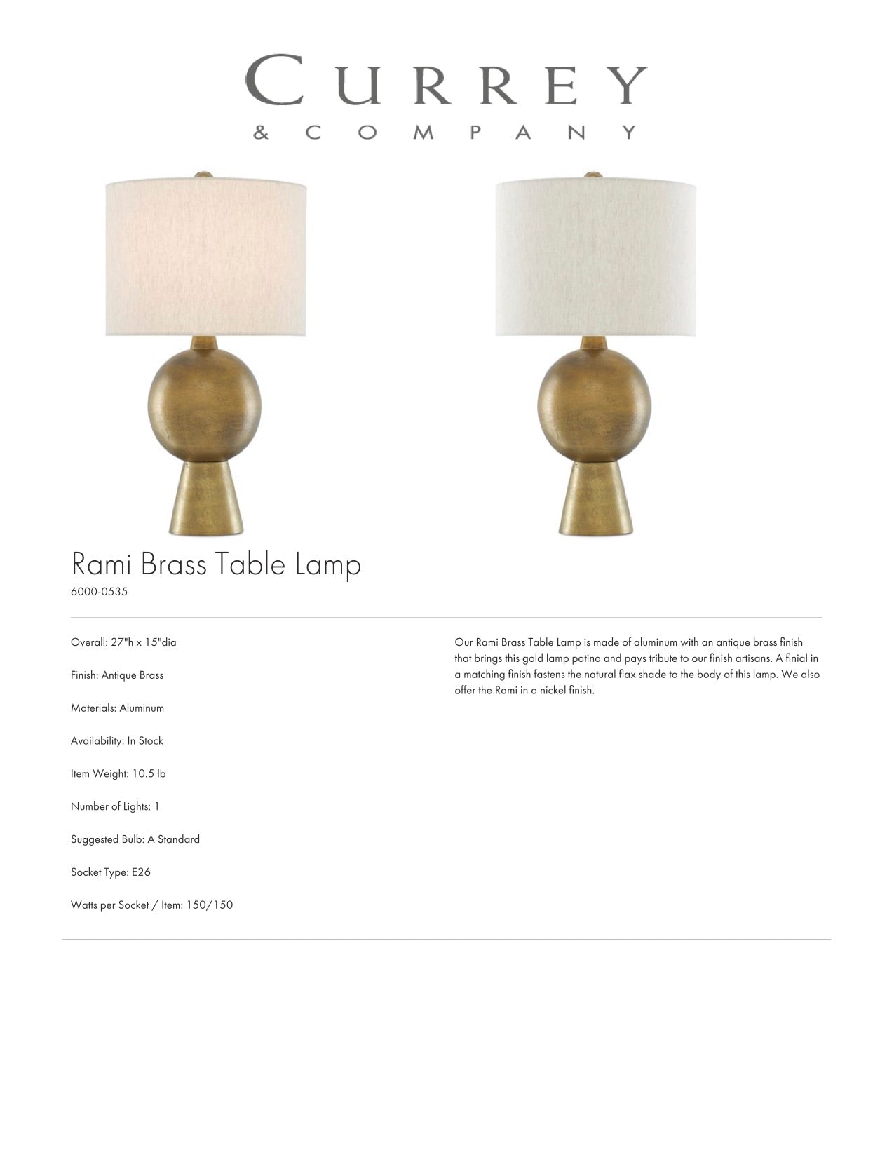 Currey & Company Rami Brass Table Lamp Tearsheet