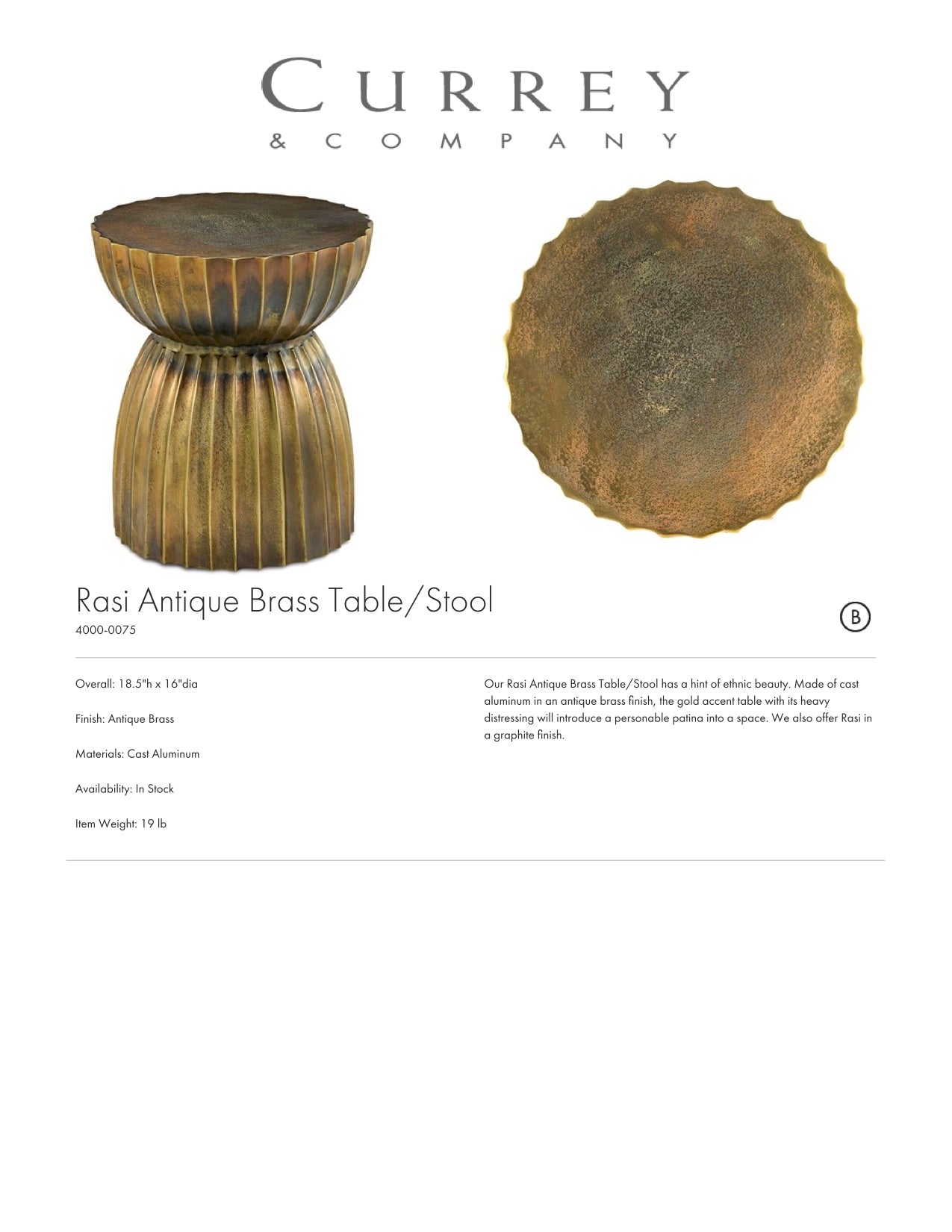 Currey & Company Rasi Antique Brass Table Tearsheet