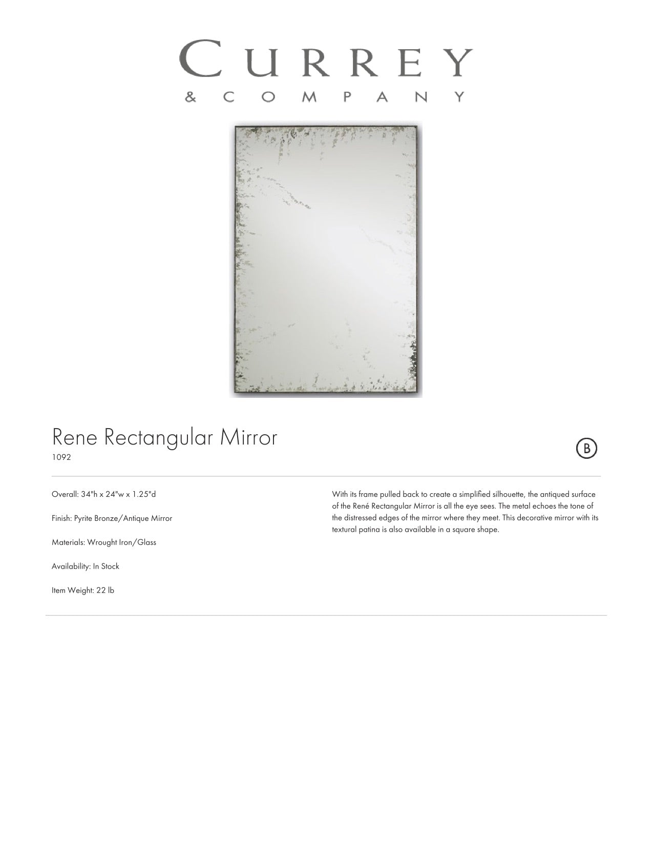 Currey & Company René Rectangular Mirror Tearsheet