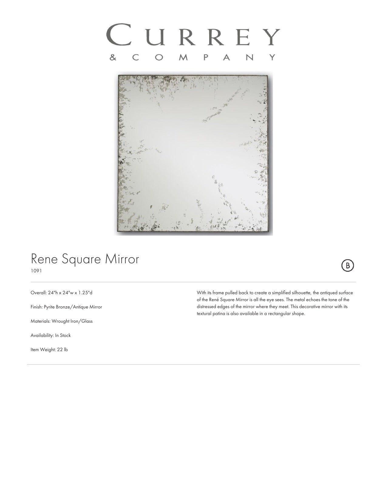 Currey & Company René Square Mirror Tearsheet