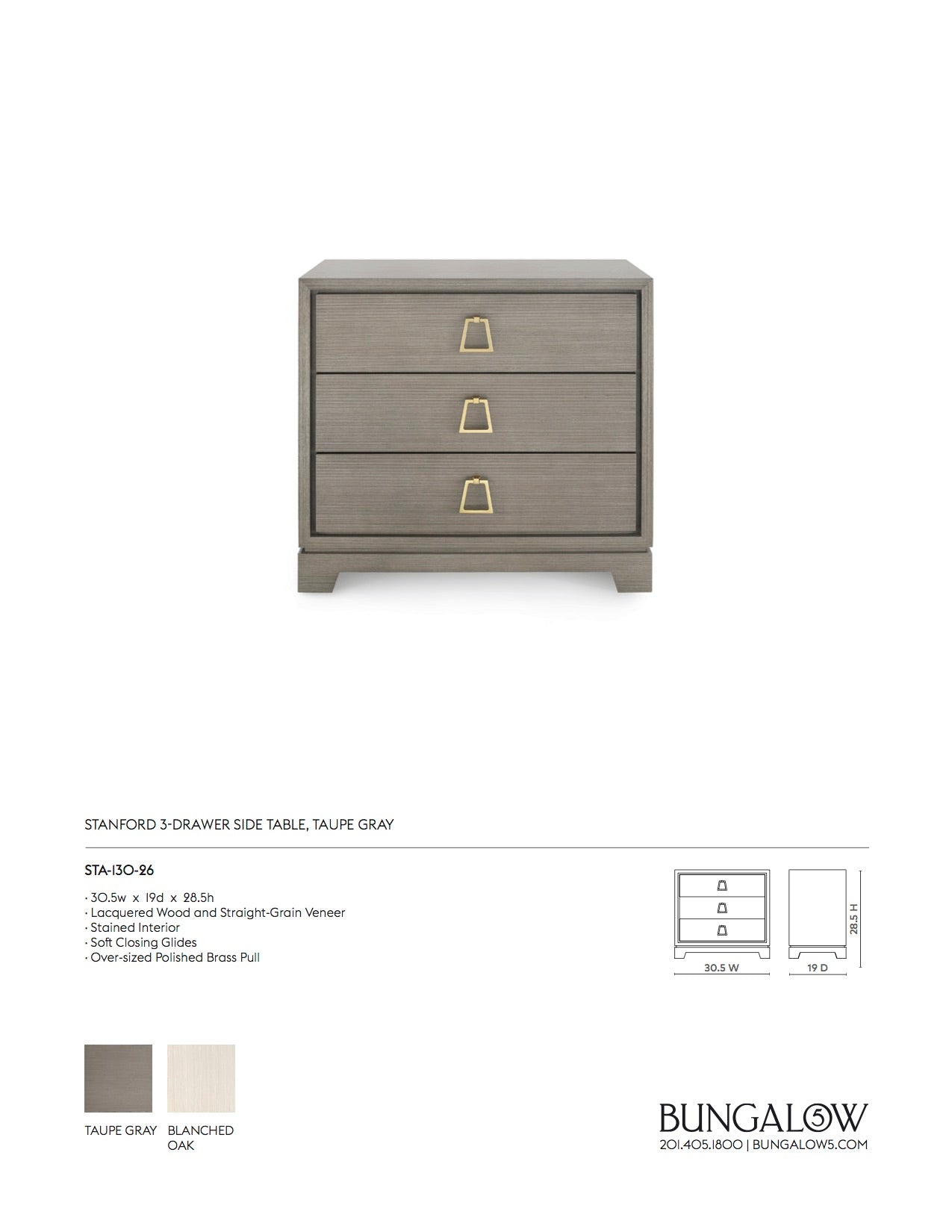 Bungalow 5 Stanford 3 Drawer Side Table Taupe Gray Tearsheet