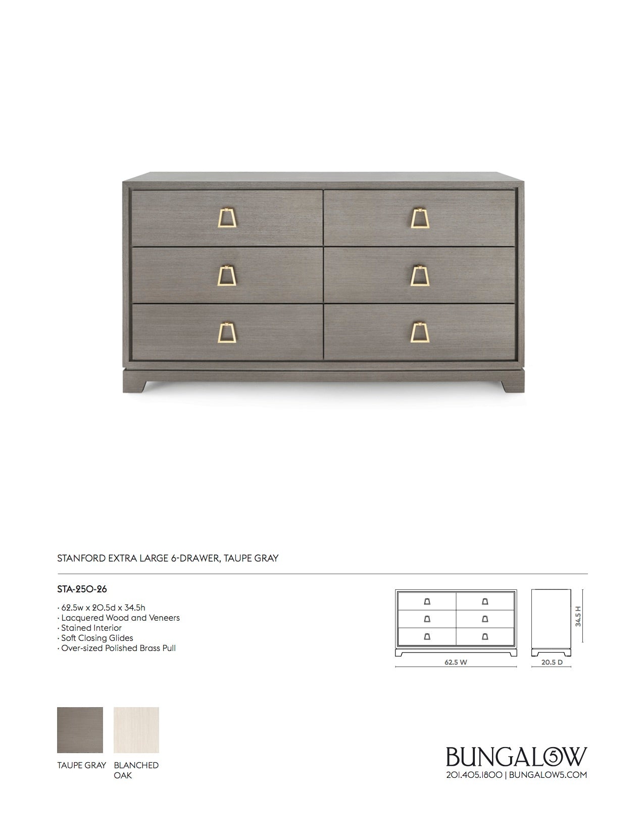 Stanford Extra Large 6 Drawer Chest Taupe Gray