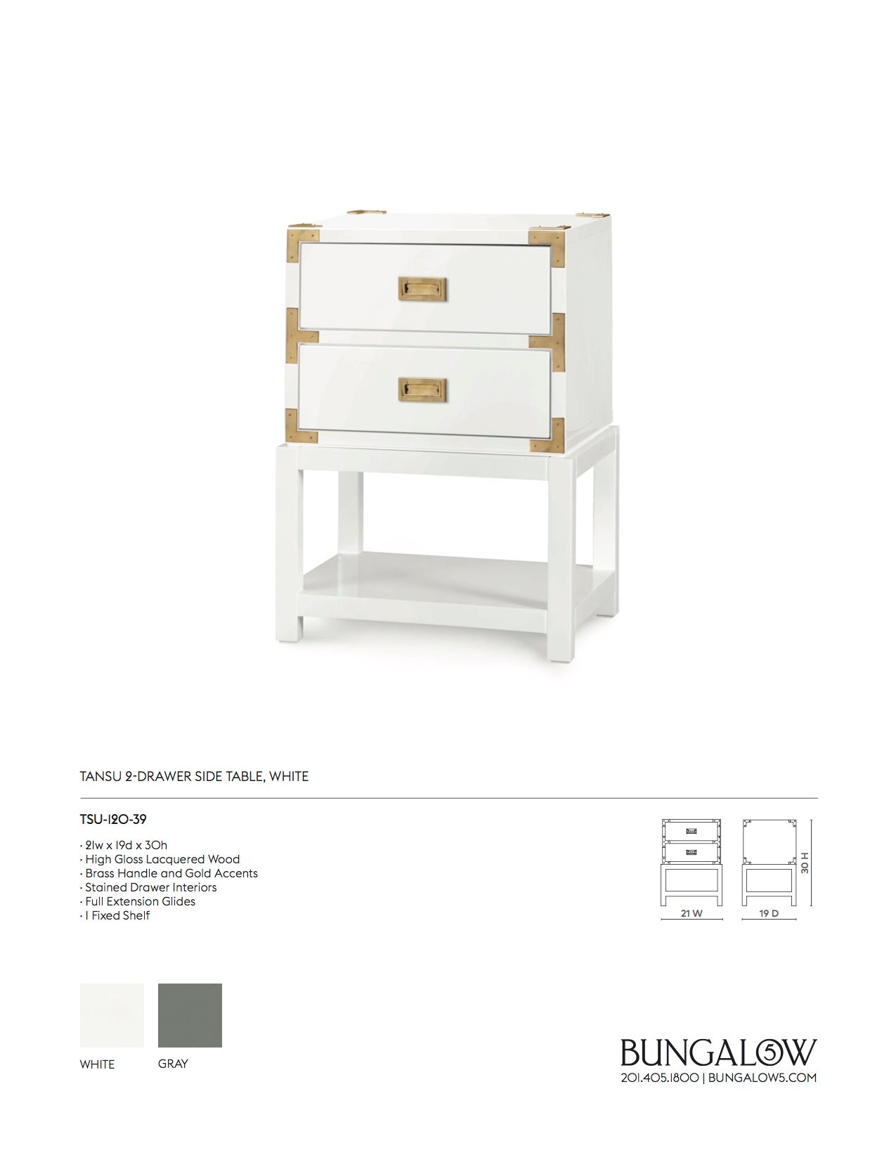Bungalow 5 Tansu Two Drawer Side Table White Tearsheet