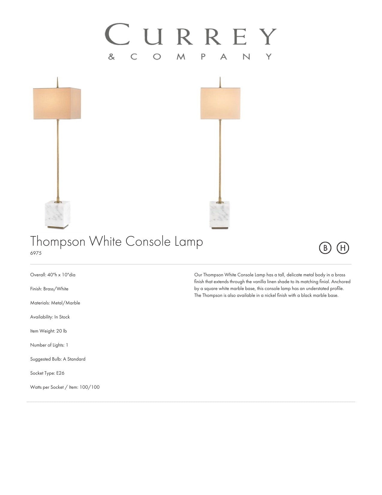 Currey & Company Thompson White Console Lamp Tearsheet