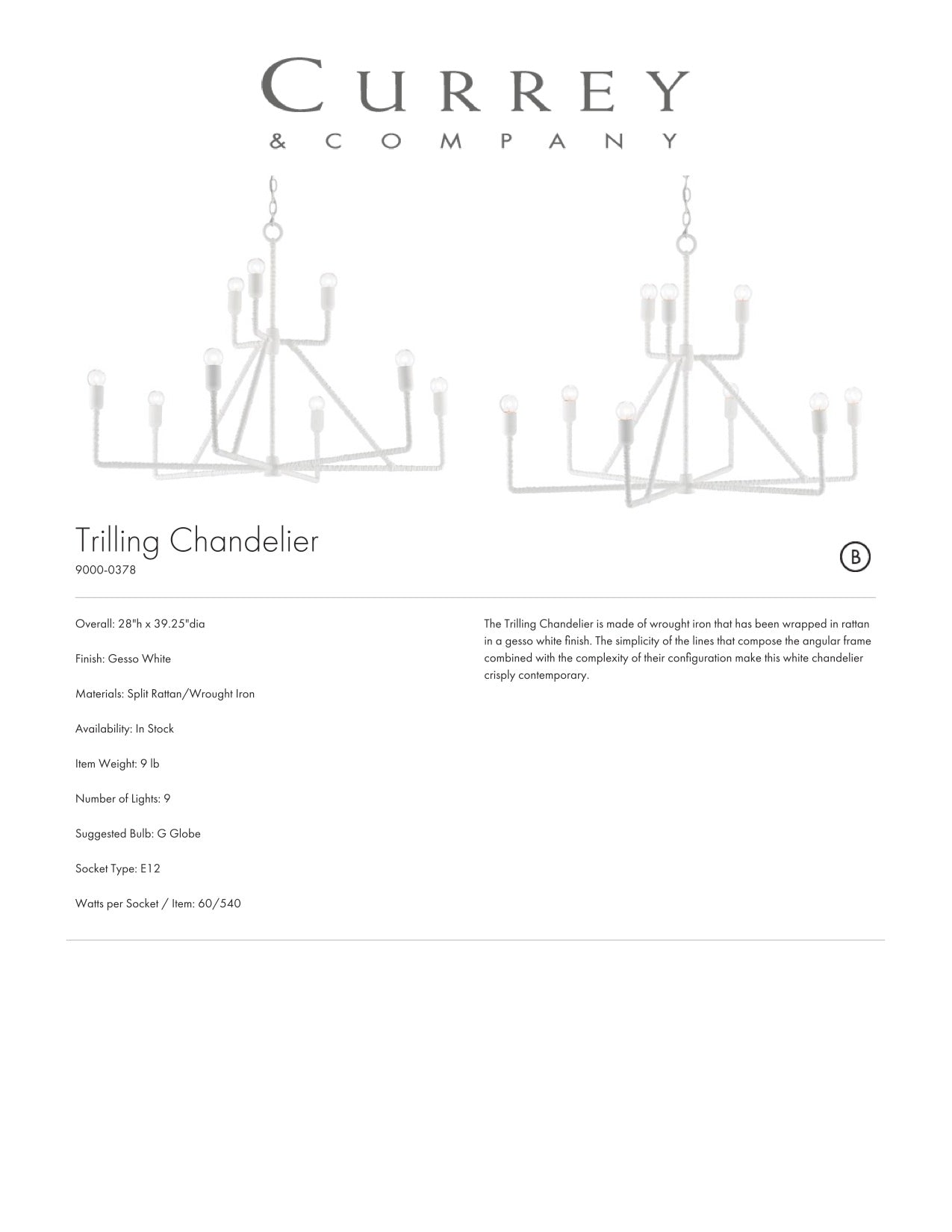 Currey & Company Trilling Chandelier Tearsheet