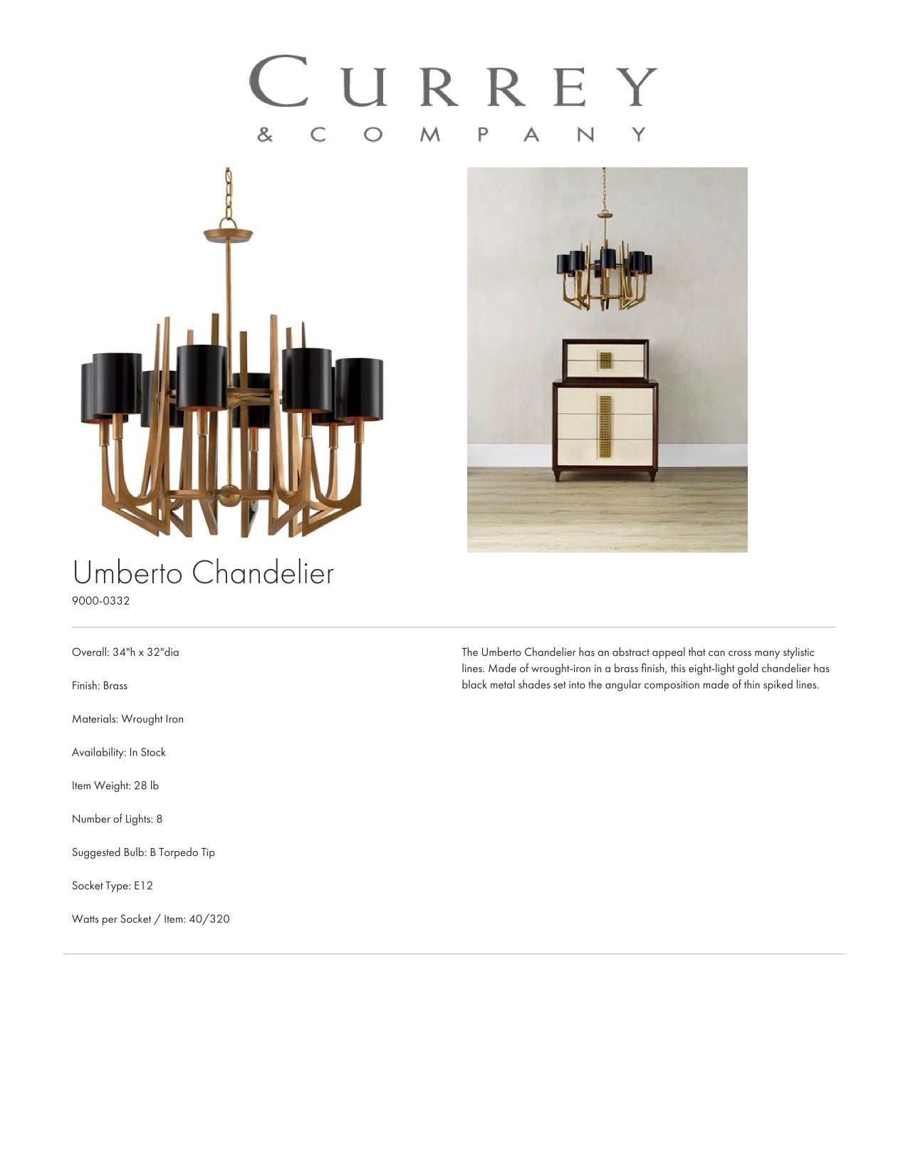 Currey & Company Umberto Chandelier Tearsheet