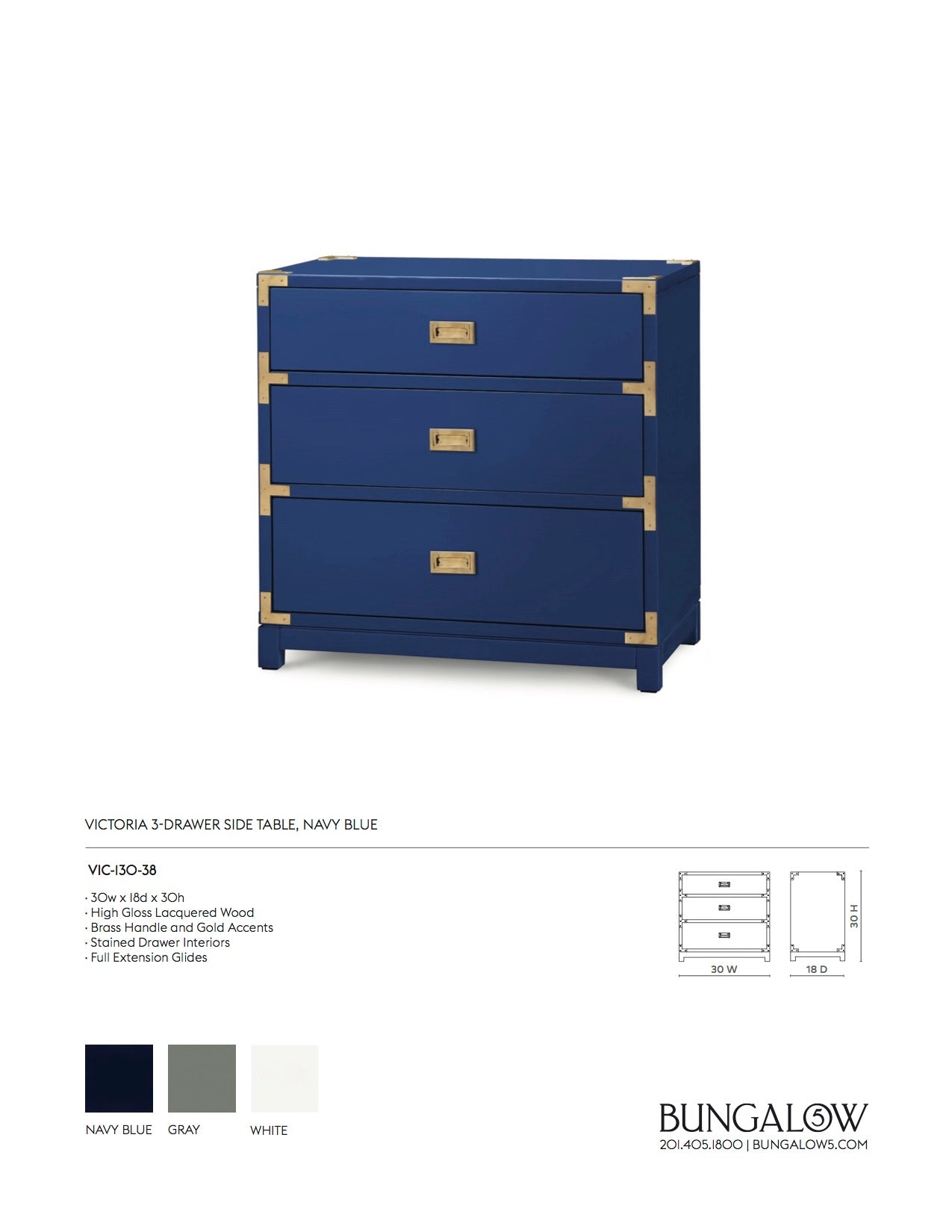 Bungalow 5 Victoria Side Table Navy Blue Tearsheet