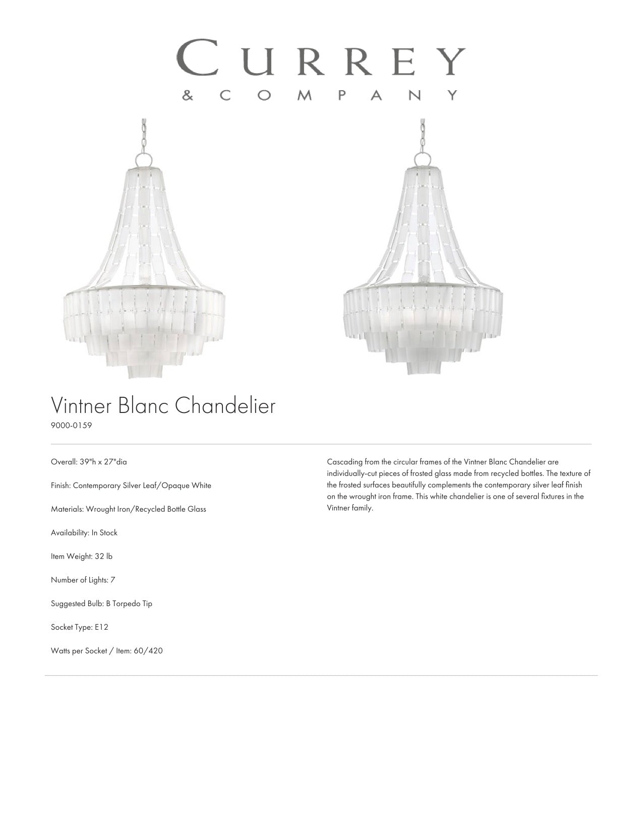 Currey & Company Vintner Blanc Chandelier Tearsheet