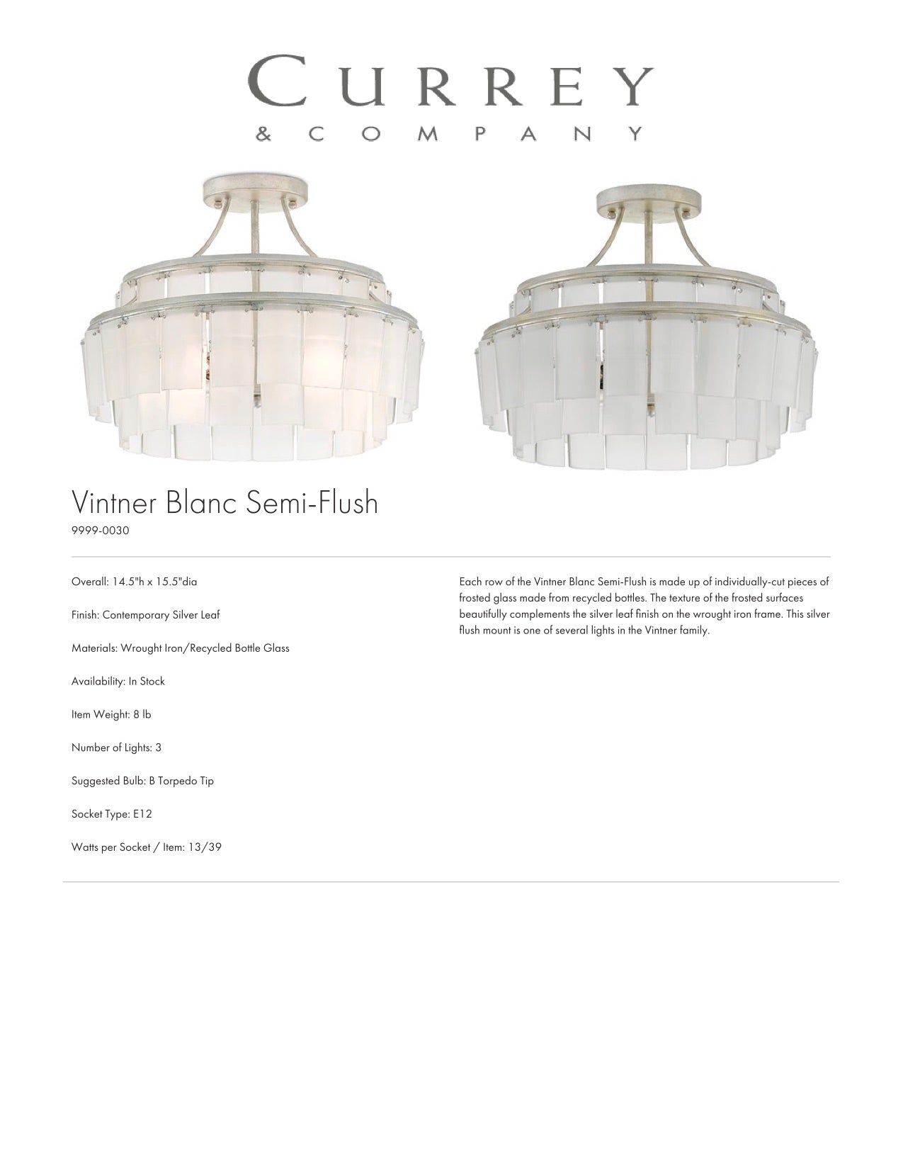 Currey & Company Vintner Blanc Semi-Flush Mount Chandelier Tearsheet