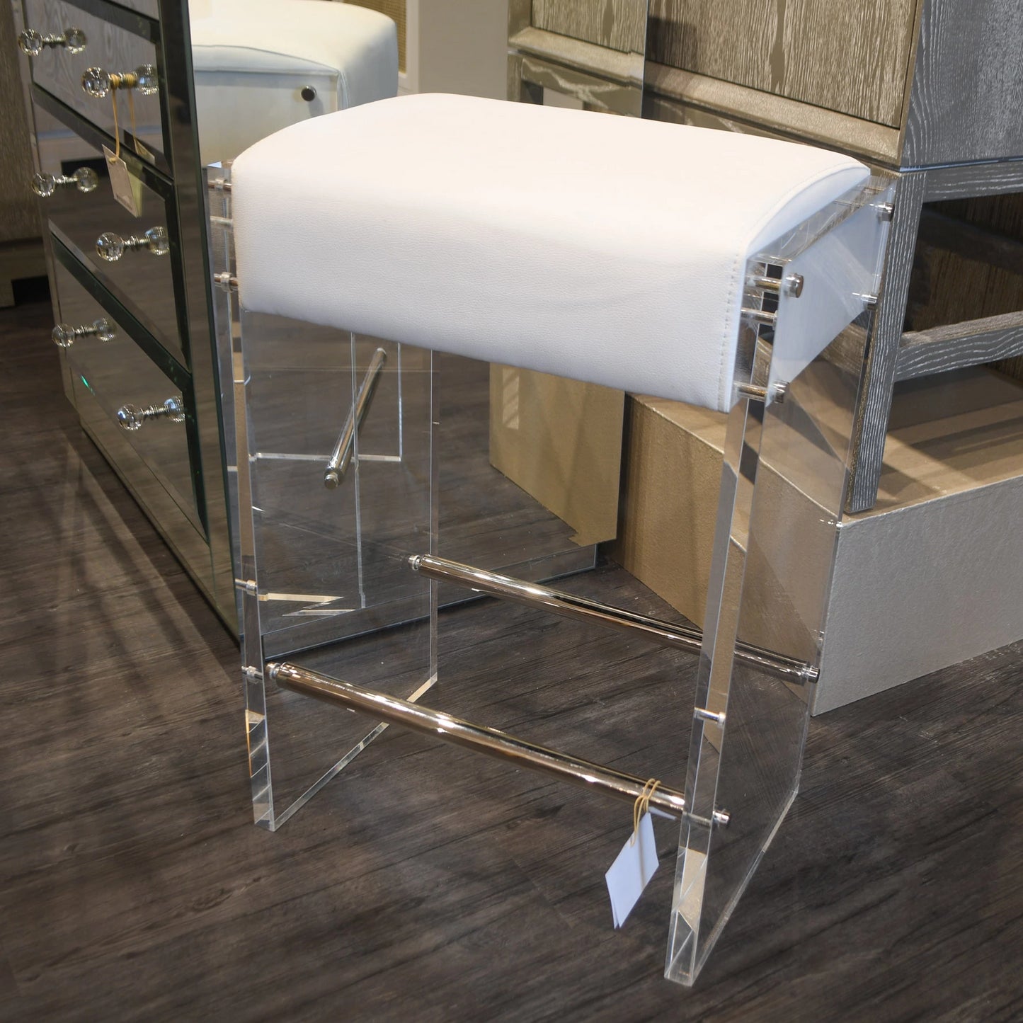 worlds away indy counter stool nickel and white showroom