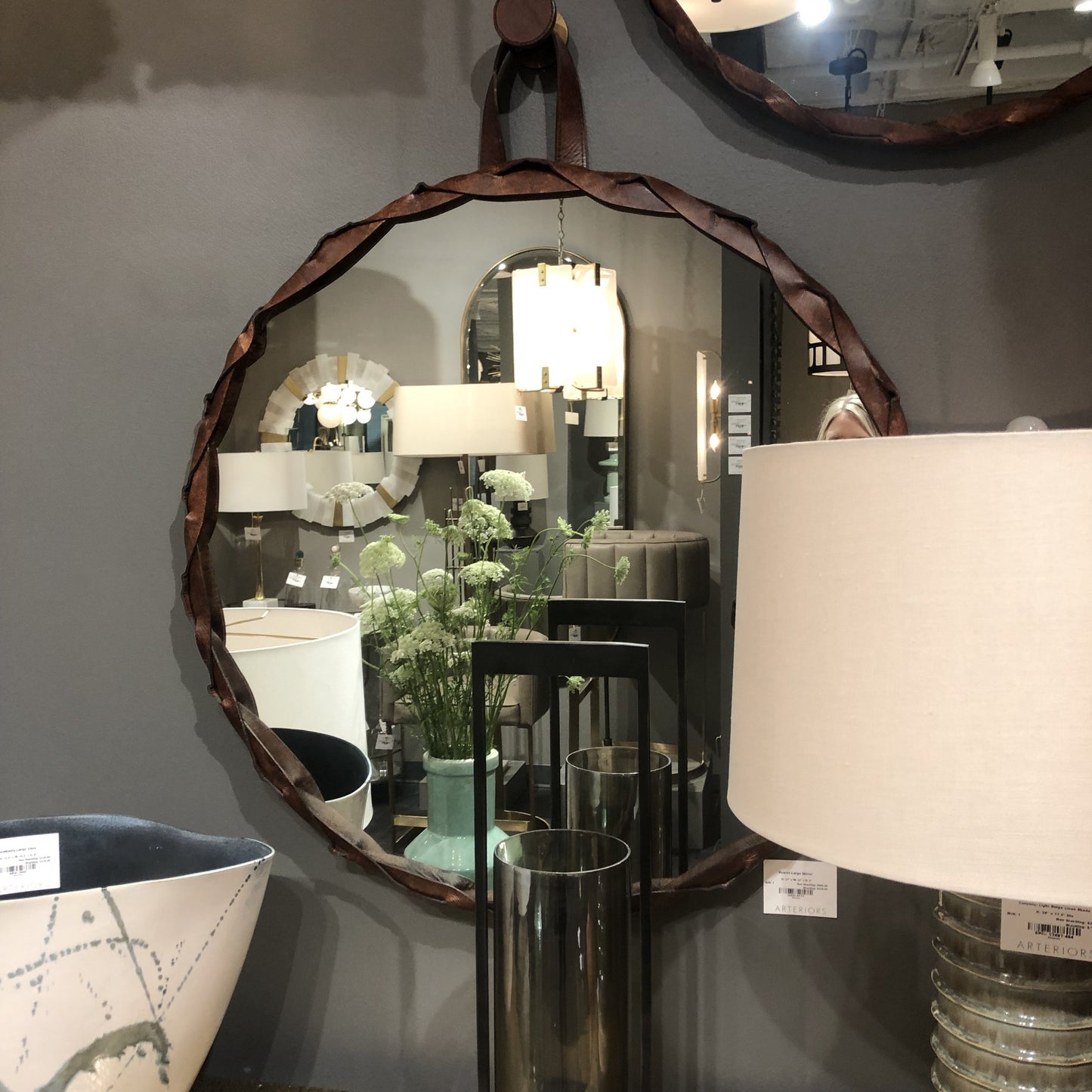 arteriors powell round mirror leather brown showroom