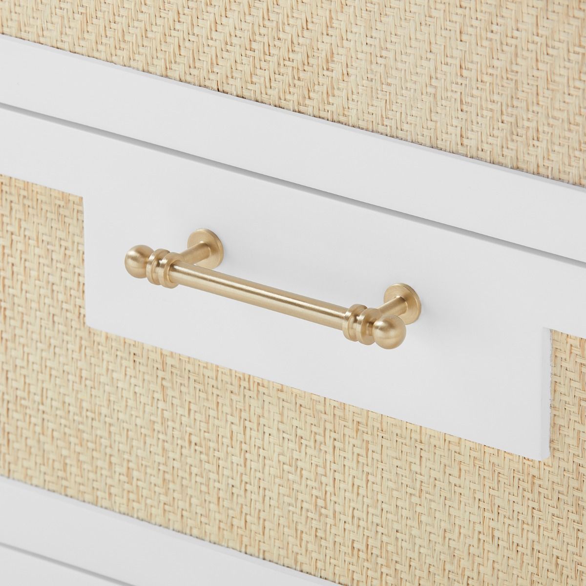 bungalow 5 astor 3 drawer side table white brass pull detail
