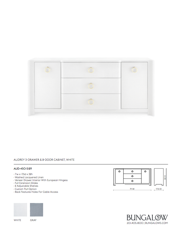 bungalow 5 audrey 3 drawer two door cabinet white tearsheet