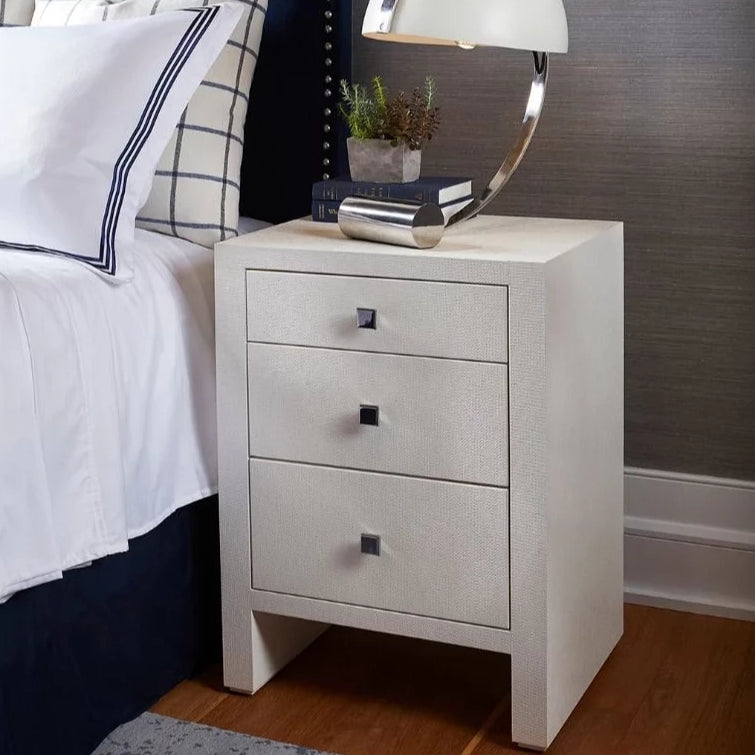 bungalow 5 morgan 3 drawer bedside table white styled in bedroom