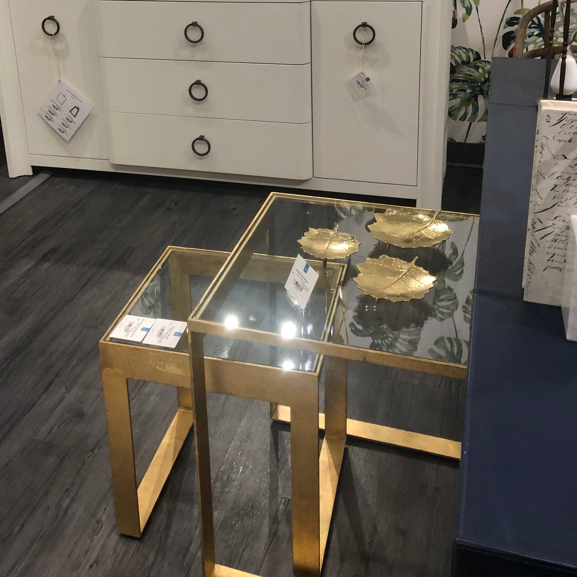 bungalow 5 plano side tables gold glass showroom