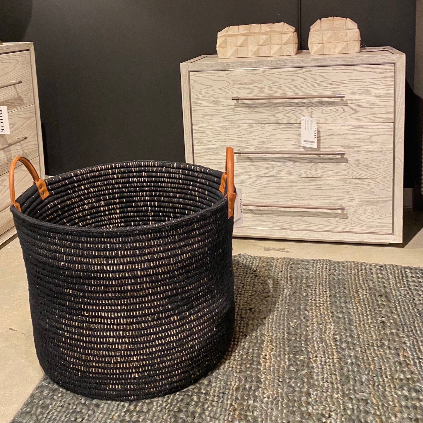 Palecek Cairo basket planter black showroom