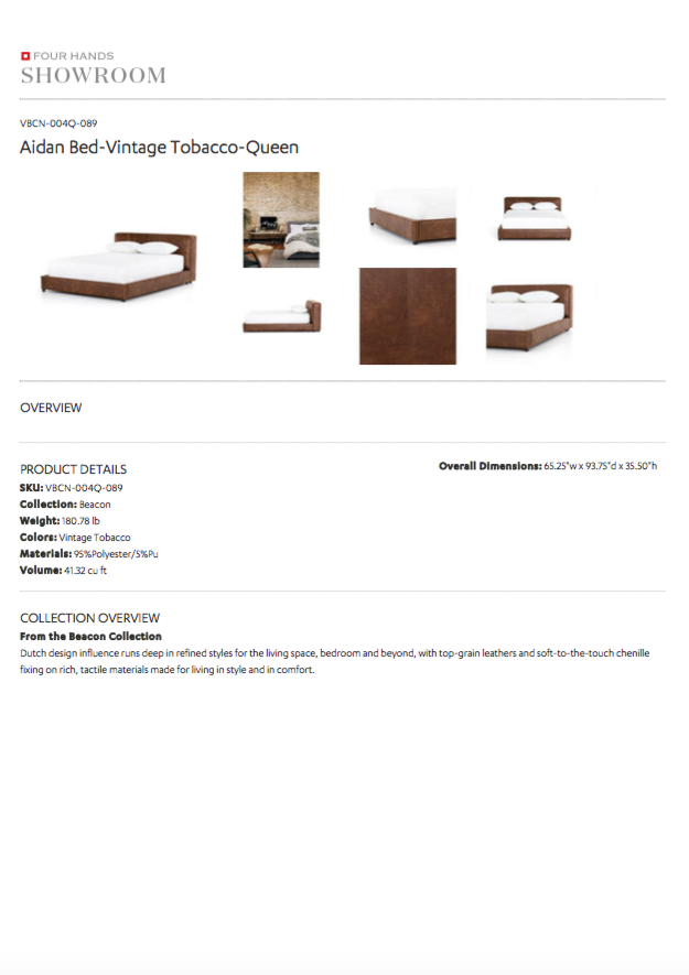 arteriors aidan bed vintage tobacco leather angle tearsheet queen
