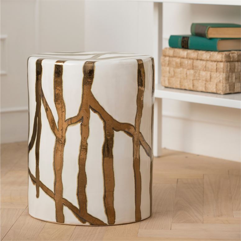 Made Goods Willow Stool Gold white ceramic seating side table in room