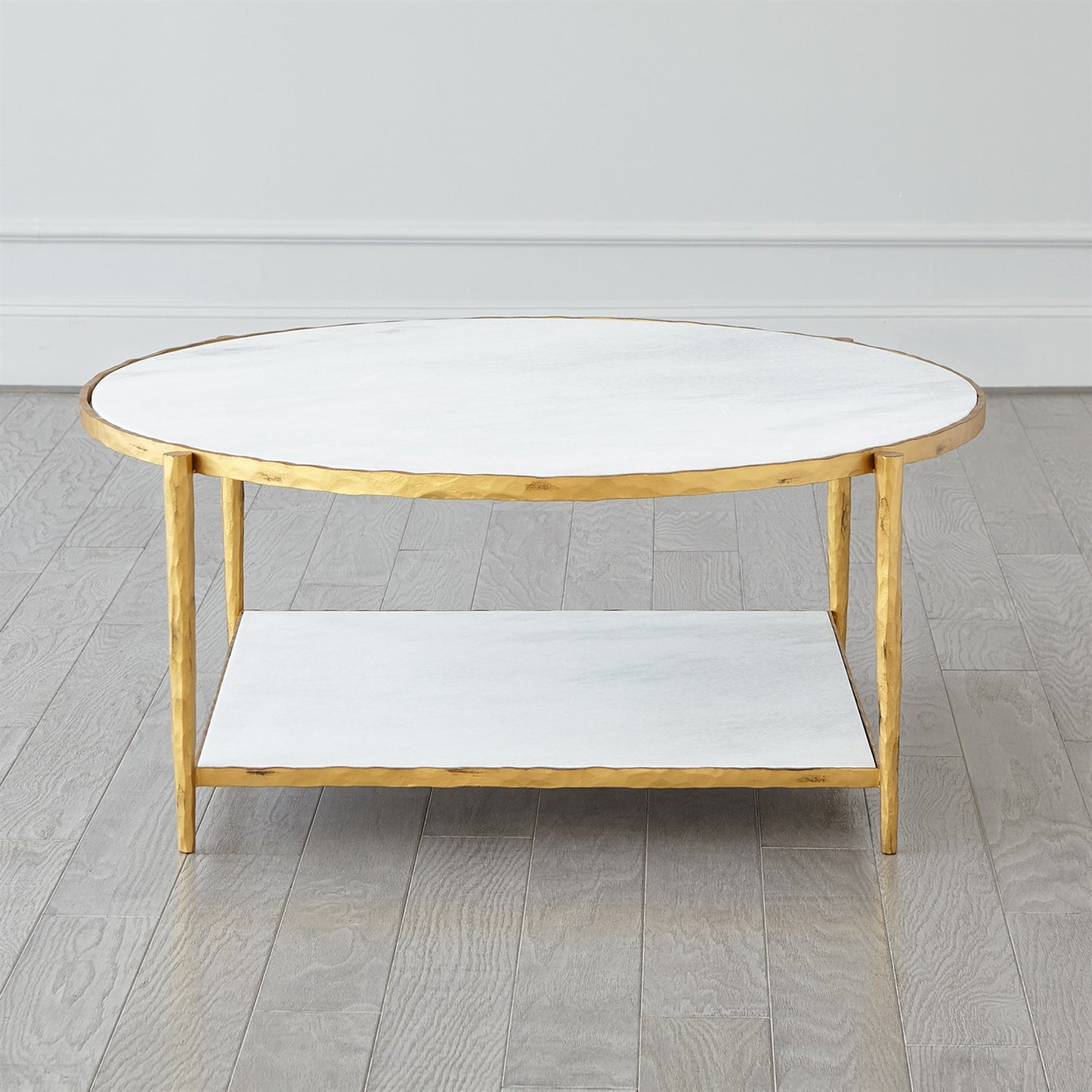 global views circle square cocktail table gold white marble front