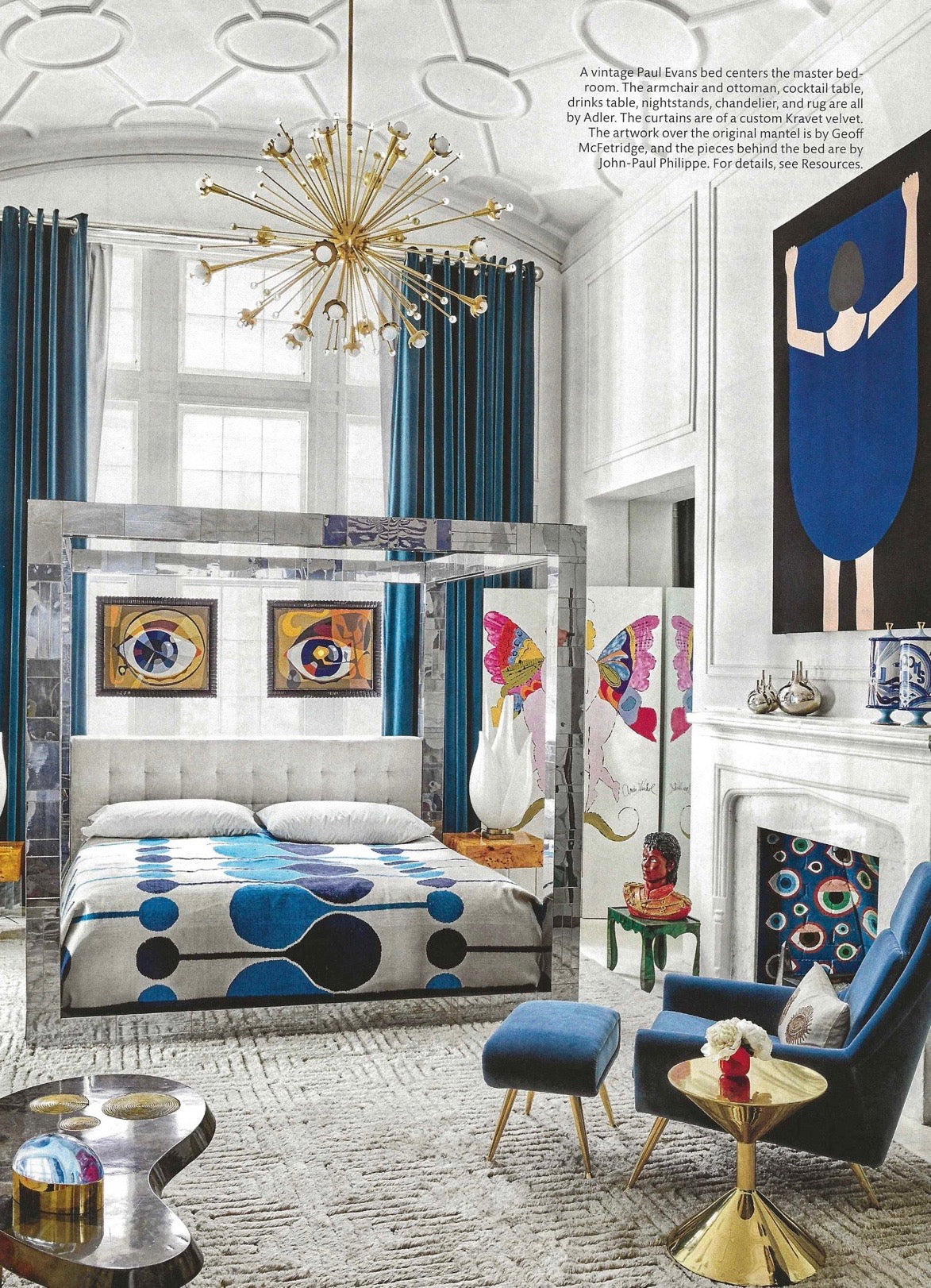 Elle Decor magazine sputnik chandelier brass Jonathan Adler living room,