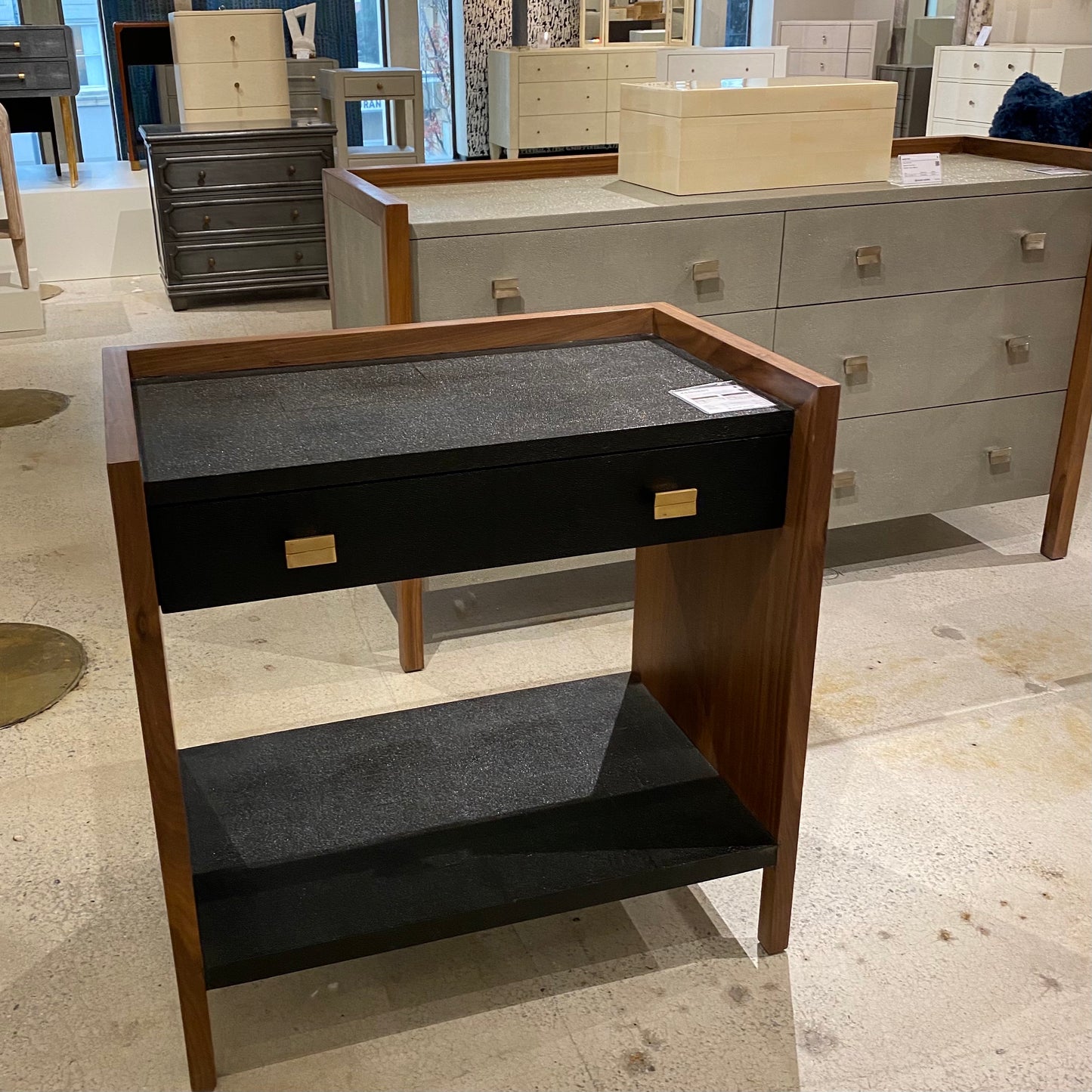 universal modern kennedy dresser Made Goods Kennedy Dresser 48" Black Vintage Faux Shagreen and Walnut Veneer CLAYTON GRAY HOME