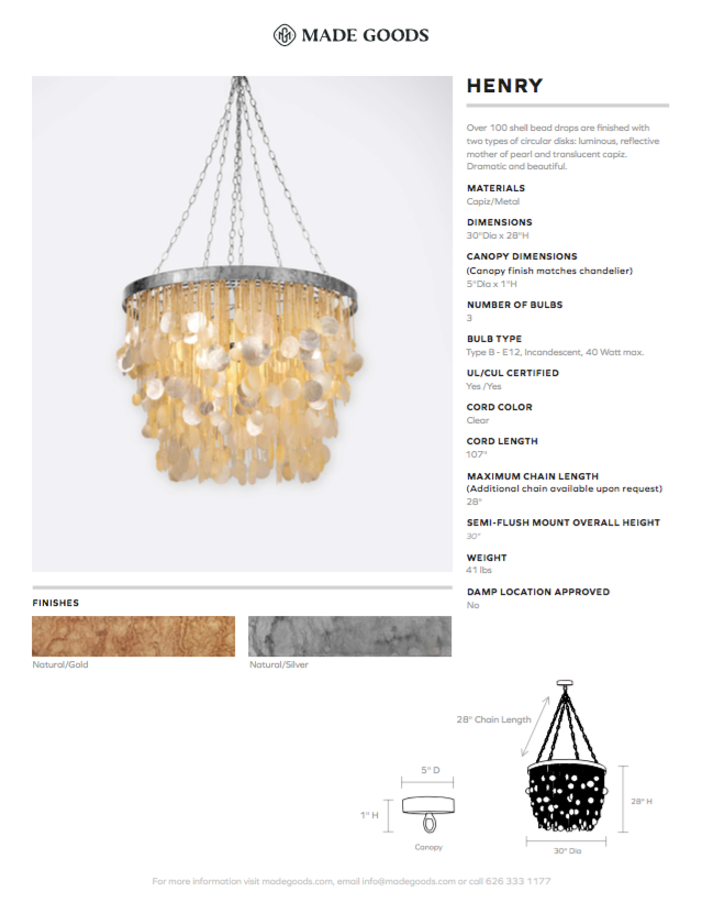 henry chandelier silver and capiz tearsheet
