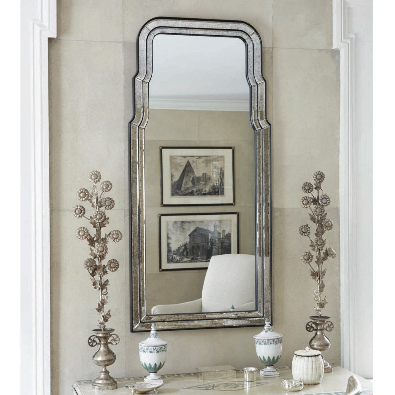 Mirror Home Ebony and Antiqued Mirror  Styled with vases