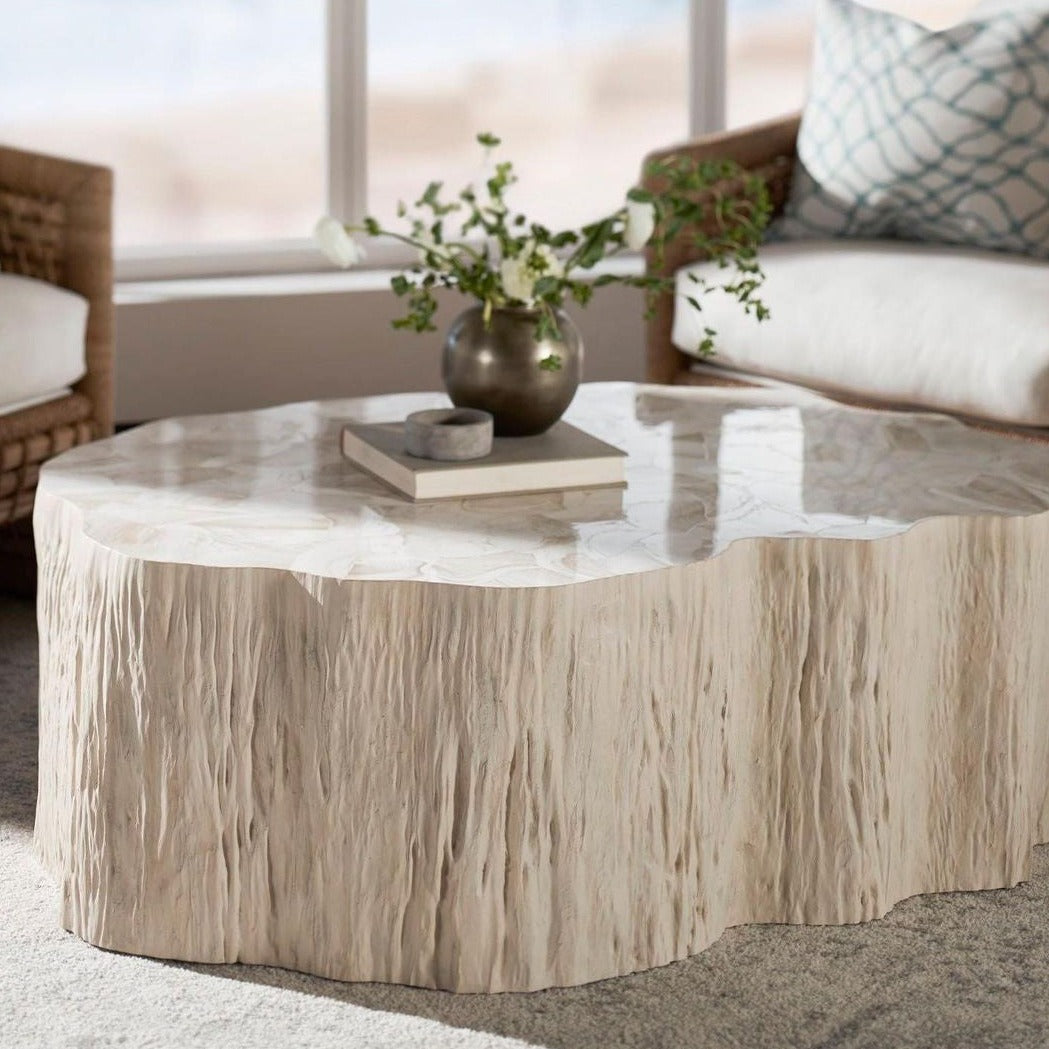 palecek camilla fossilized clam coffee table styled