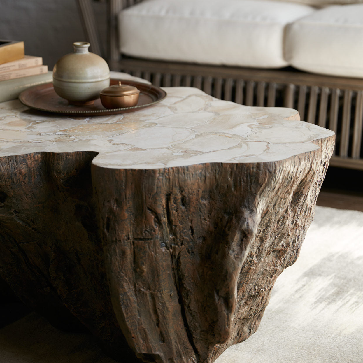 Chloe Fossil Clam Lava Coffee Table styled