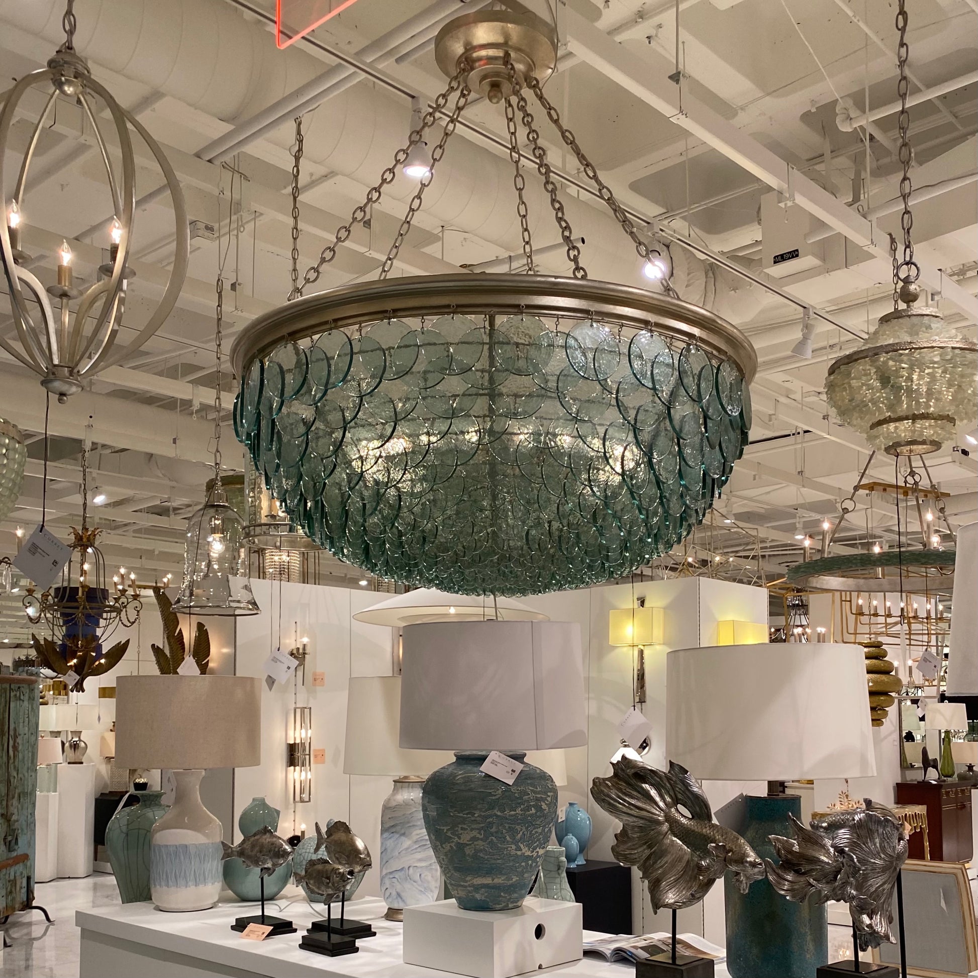 currey quorum large chandelier glass discs showroom