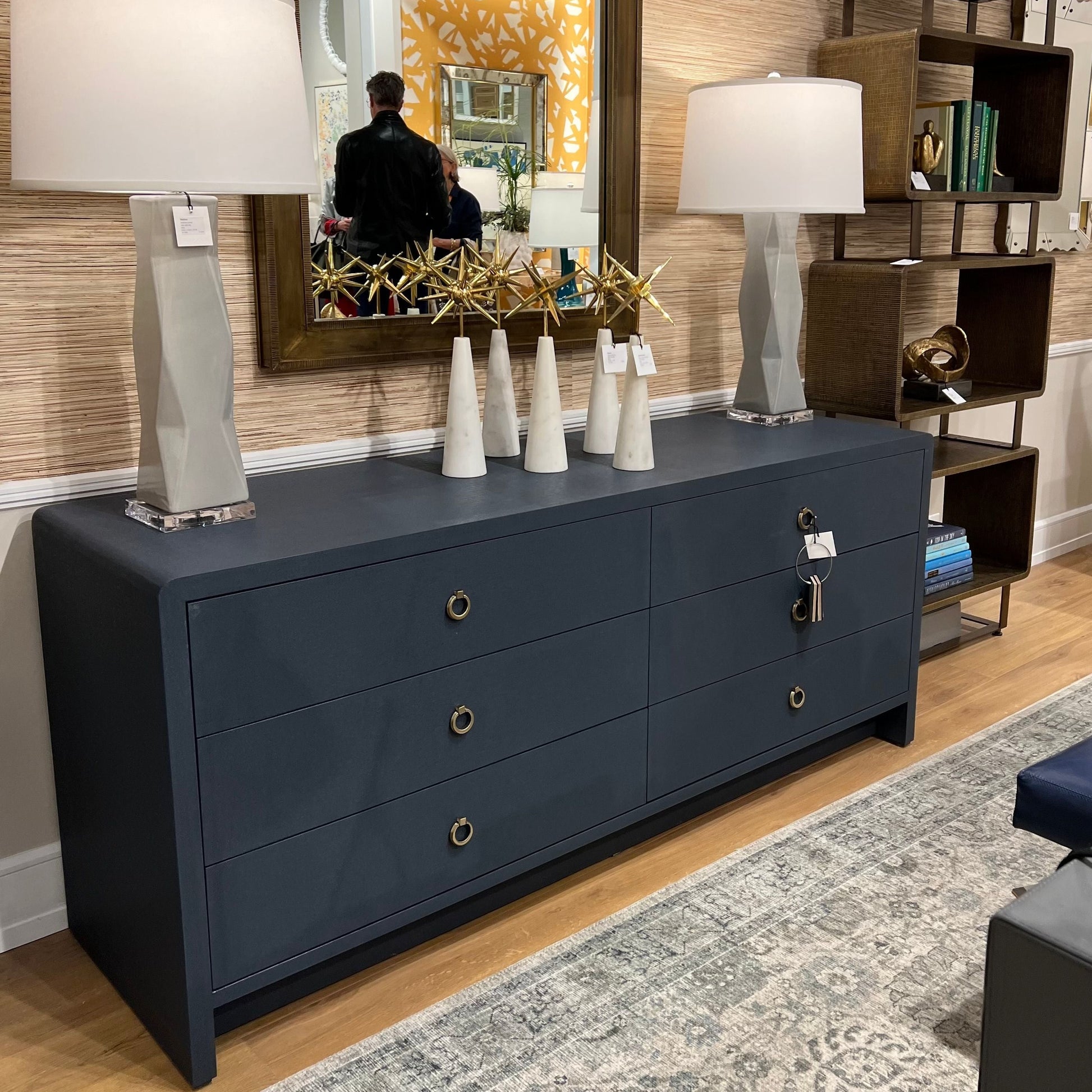 Villa & House Bryant Extra Wide Large 6 Drawer Chest Blue Steel Lacquered Linen CLAYTON GRAY HOME Villa & House Bryant Extra Wide Large 6 Drawer Chest Blue Steel Lacquered Linen CLAYTON GRAY HOME
