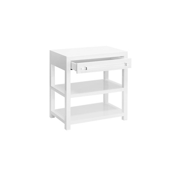 worlds away garbo side table white lacquer drawer open