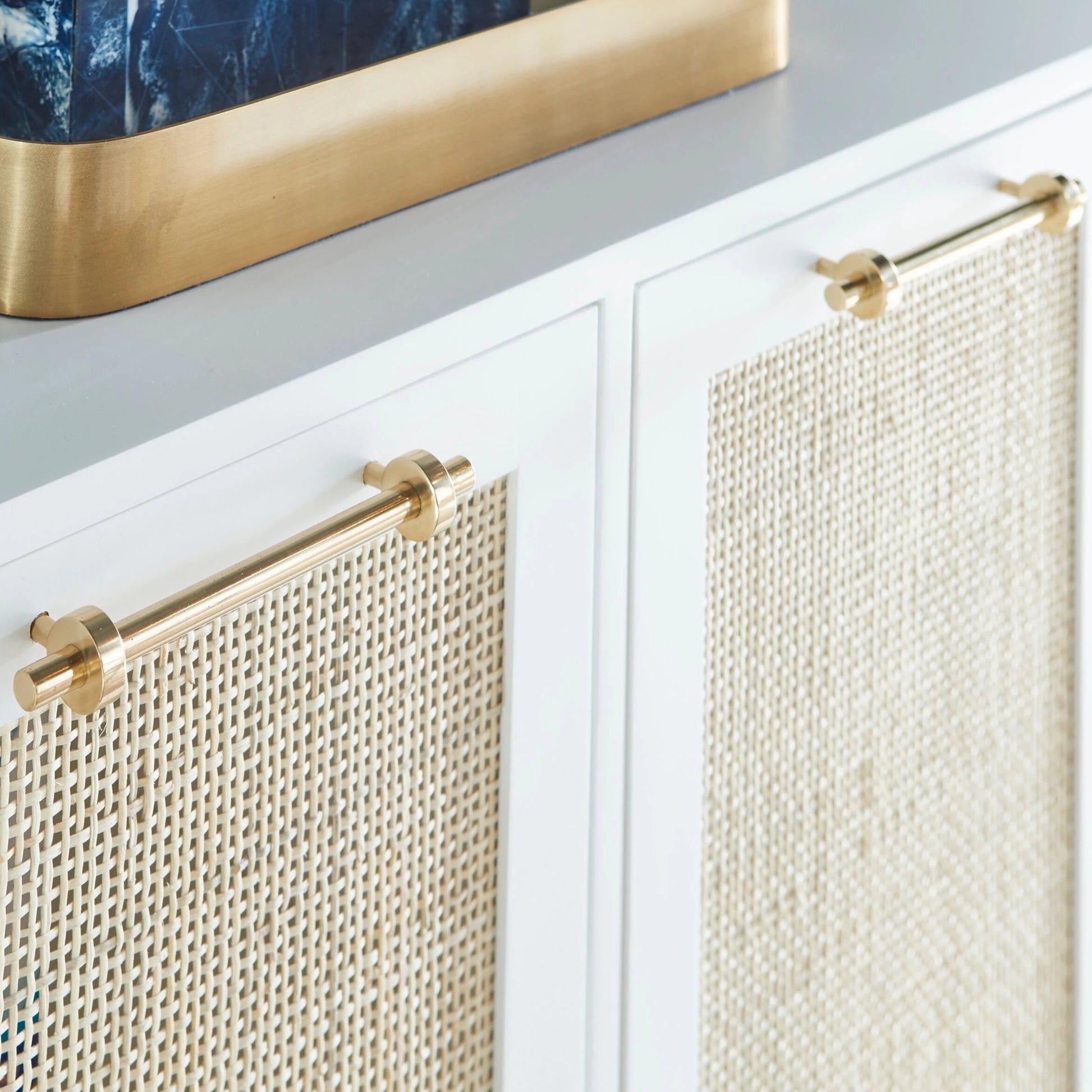Worlds Away Marcus Cabinet with Gold Leaf Bamboo Hardware - Glossy White  Lacquer
