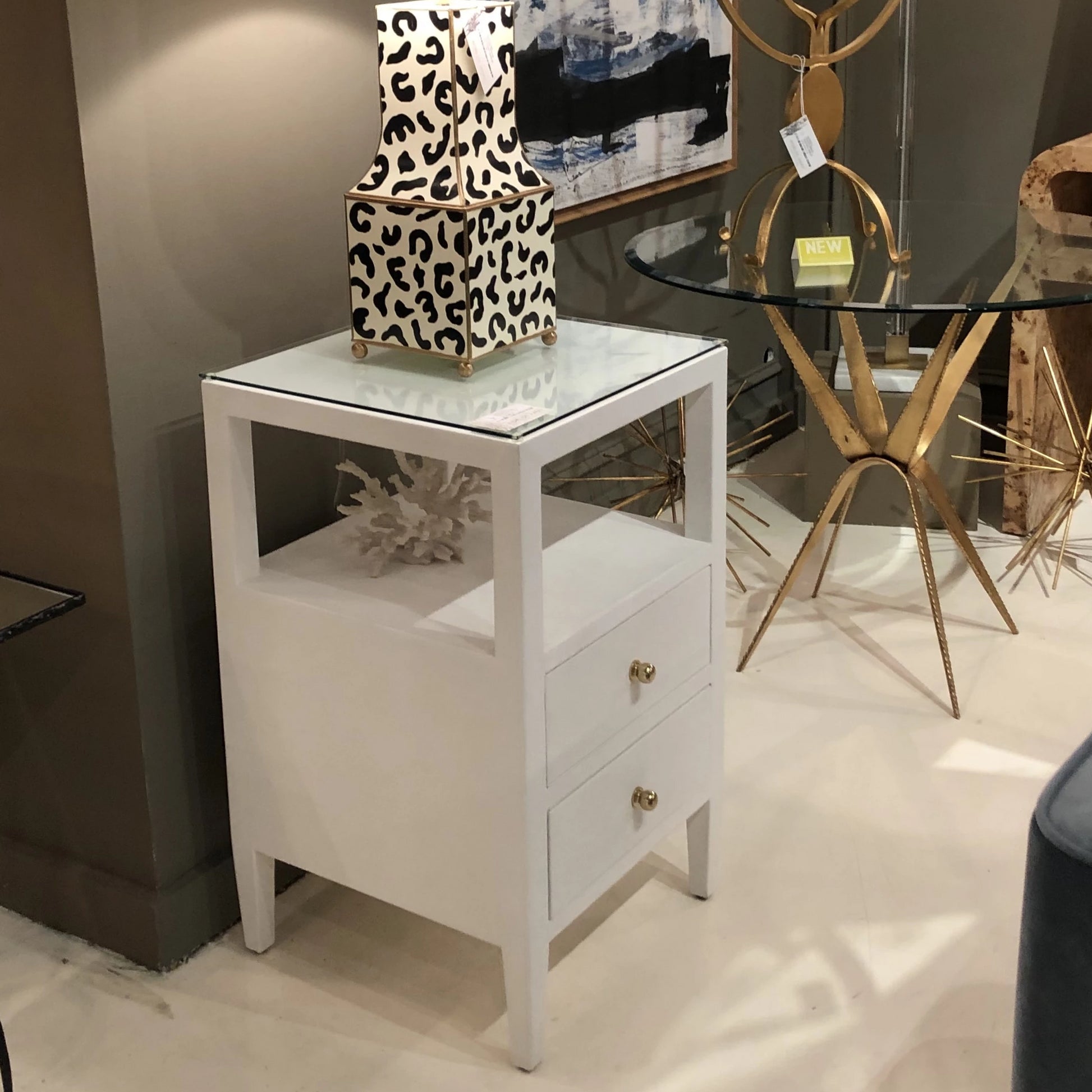worlds away Roscoe white side table showroom drawers storage
